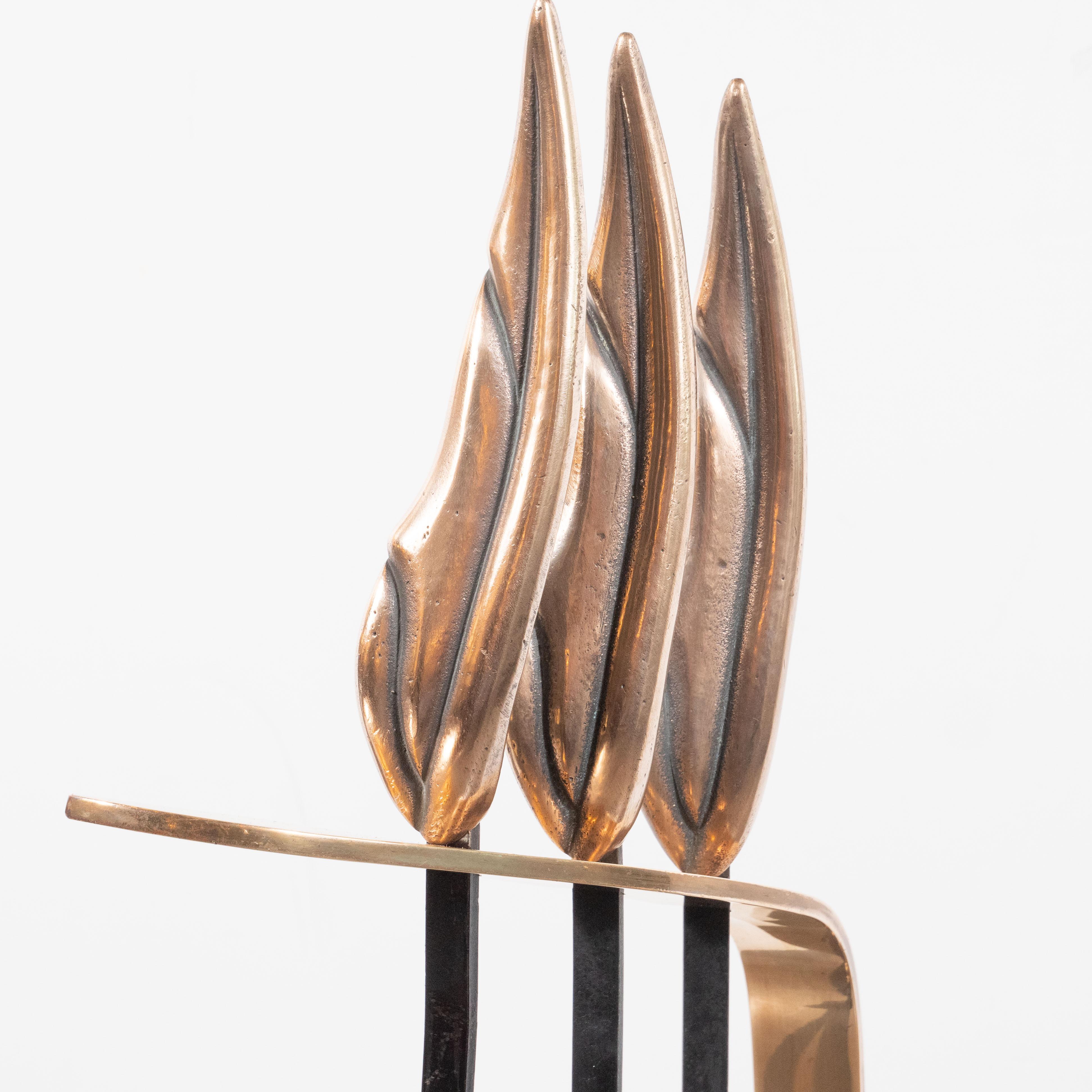 Mid-Century Modern Brutalist Flame Vierteiliges Bronze & Schwarzes Emaille Feuerwerkzeug Set im Angebot 1