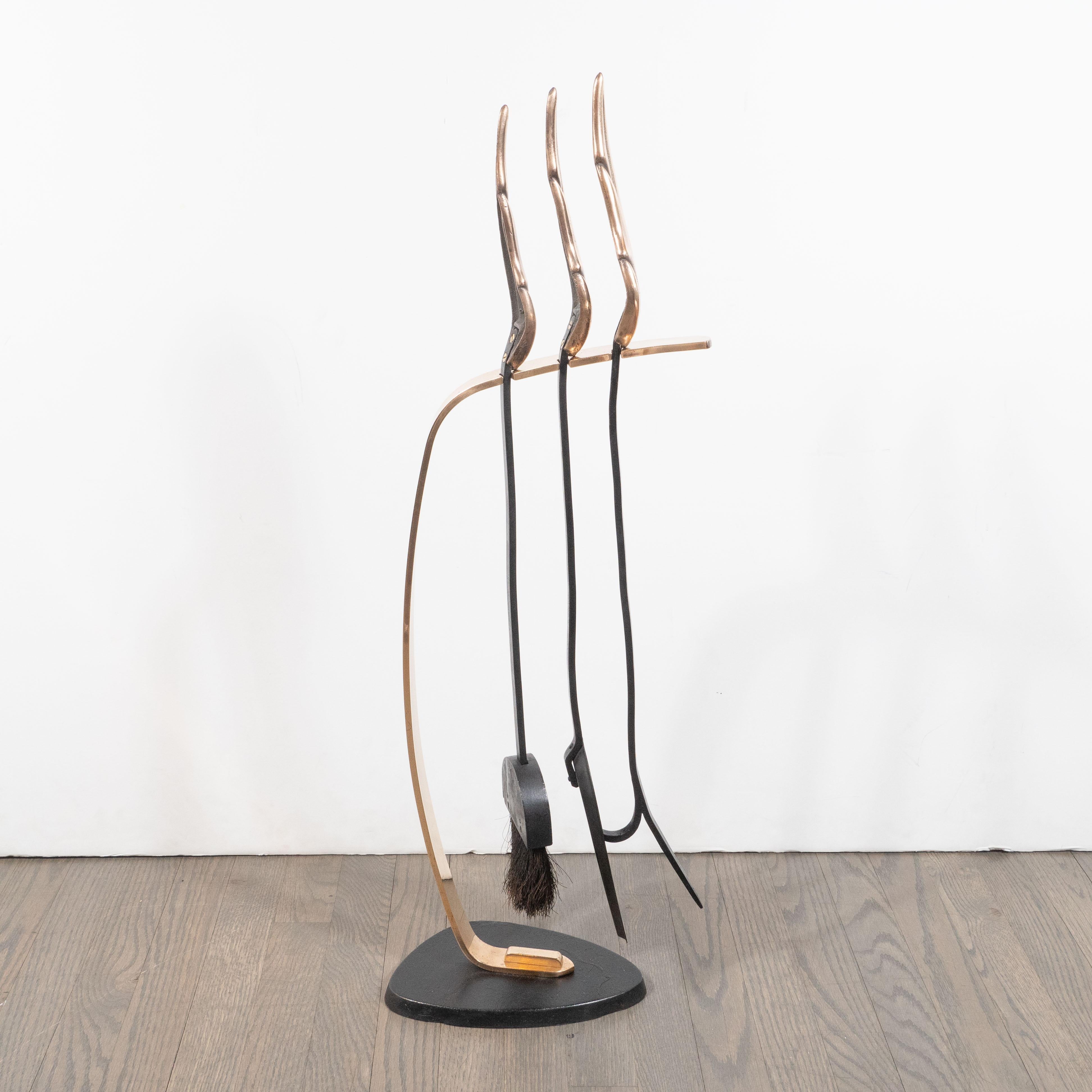 Mid-Century Modern Brutalist Flame Four Piece Bronze & Black Enamel Firetool Set For Sale 3