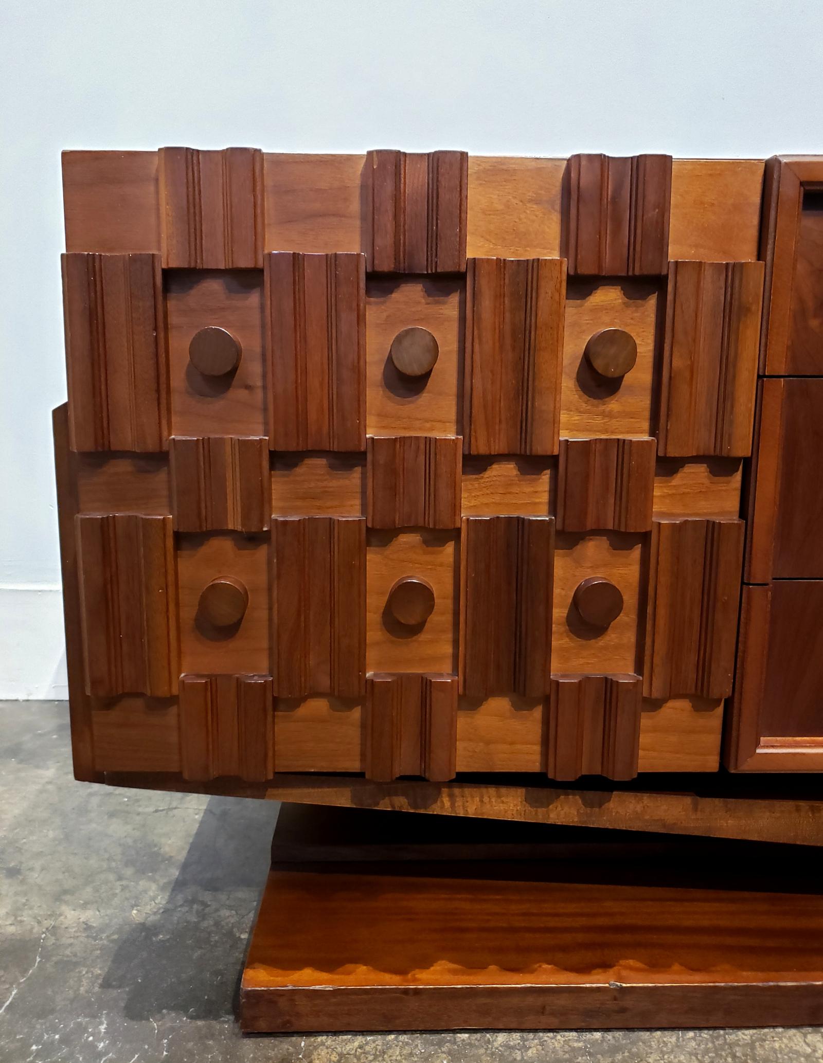 Carved Mid-Century Modern Brutalist Floating Credenza or Dresser For Sale