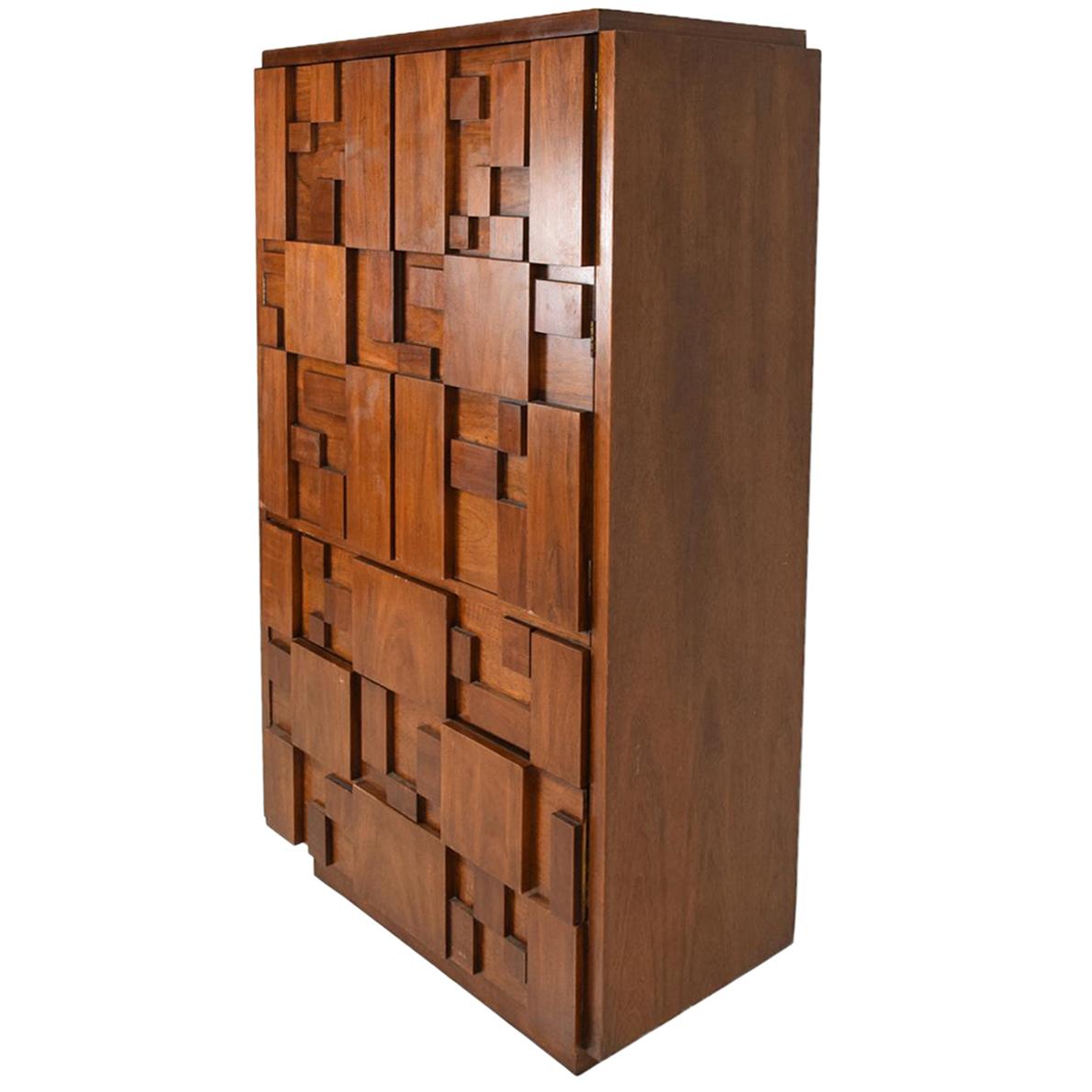Mid-Century Modern Brutalist Highboy by Lane, Patchwork Walnut Tiles