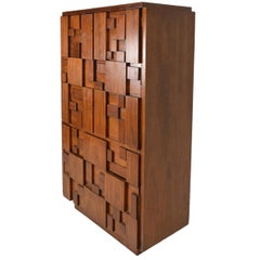 Mid-Century Modern Brutalist Highboy by Lane, Patchwork Walnut Tiles