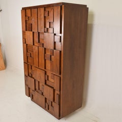 Mid-Century Modern Brutalist Highboy by Lane, Patchwork Walnut Tiles
