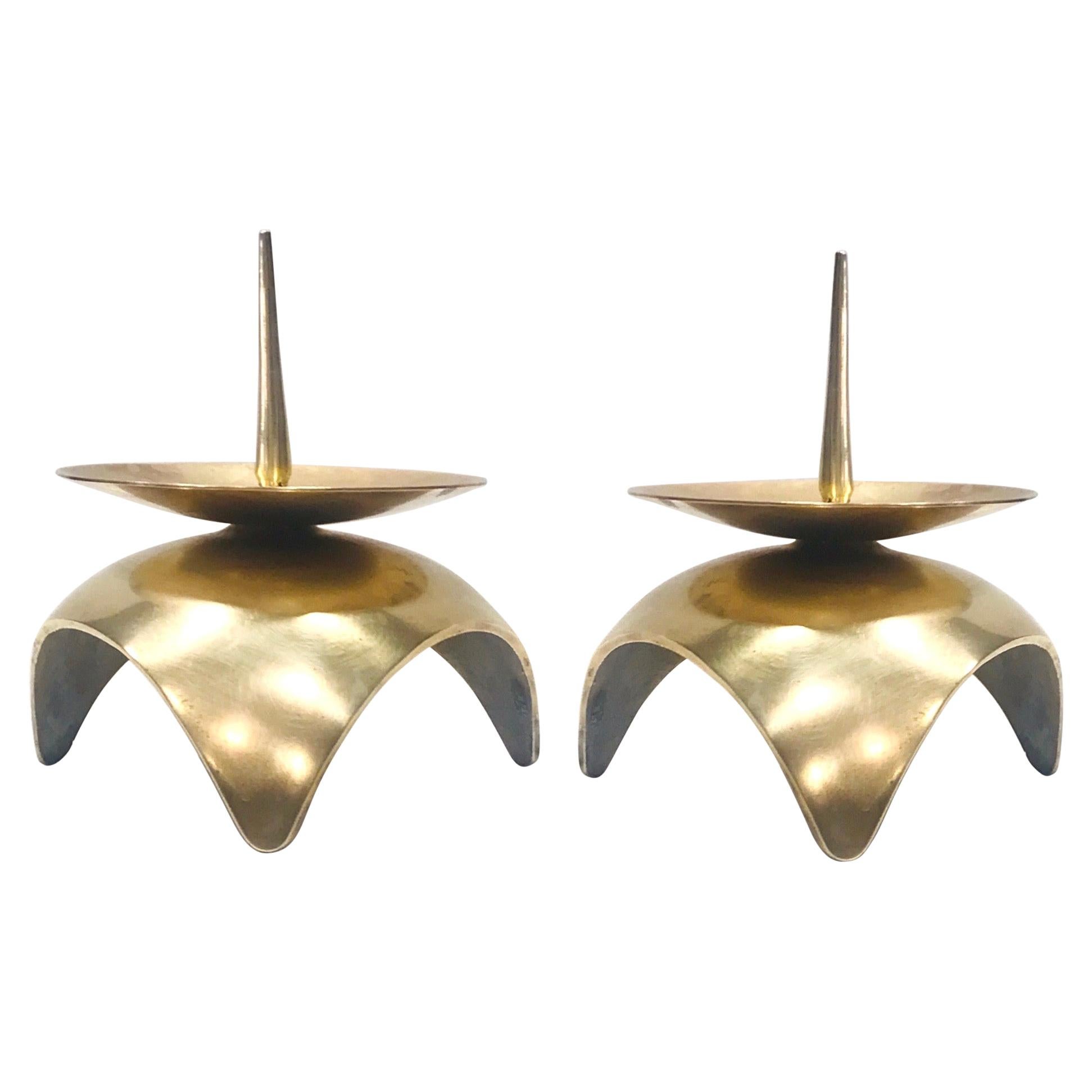 Mid-Century Modern Brutalist Japanese Candleholders in Solid Brass, circa 1960s