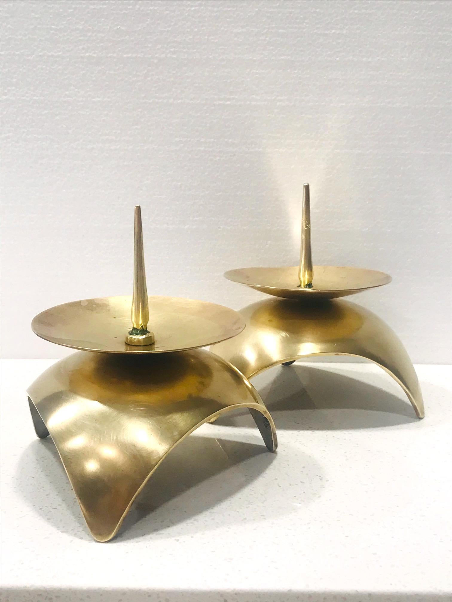 Hand-Crafted Mid-Century Modern Brutalist Japanese Candleholders in Solid Brass, circa 1960s