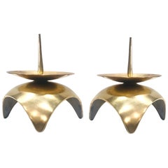 Vintage Mid-Century Modern Brutalist Japanese Candleholders in Solid Brass, circa 1960s