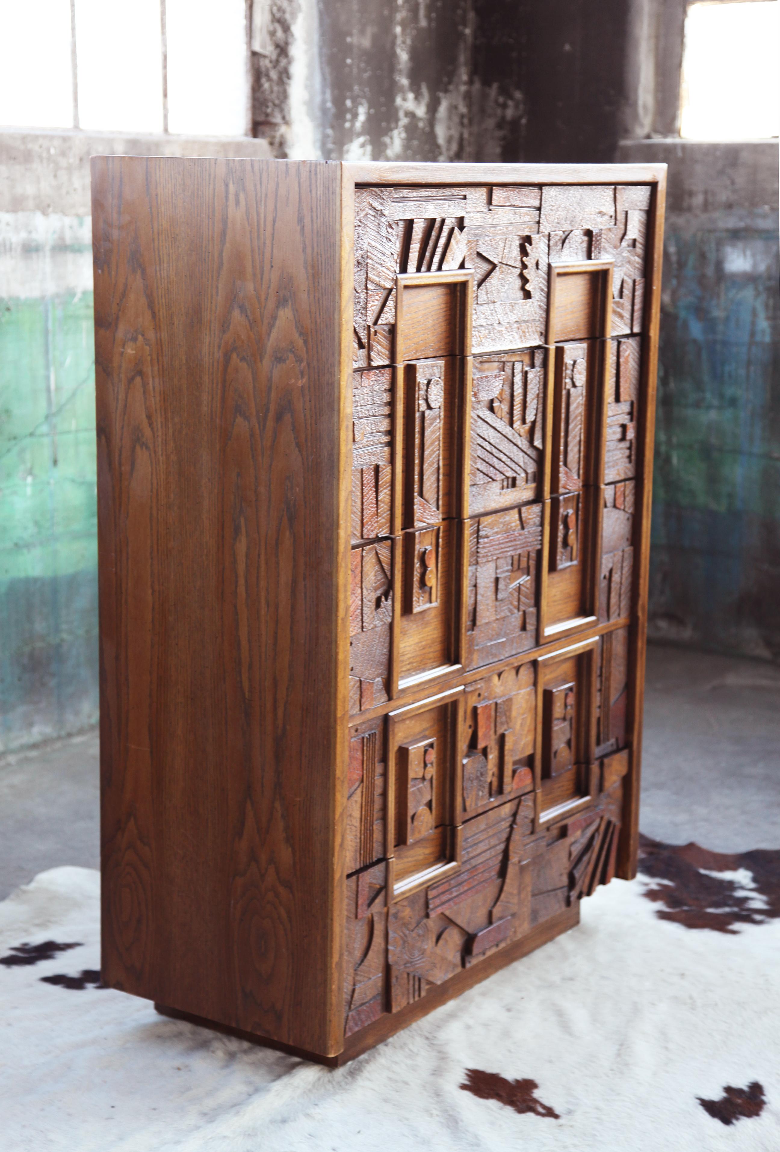 Mid Century Modern Brutalist Lane Paul Evans Pueblo 5 Drawer Highboy Dresser In Good Condition In Basel, BS