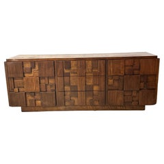 Vintage Mid-Century Modern Brutalist Lane Staccato 9 Drawer Walnut Wood Lowboy Dresser 