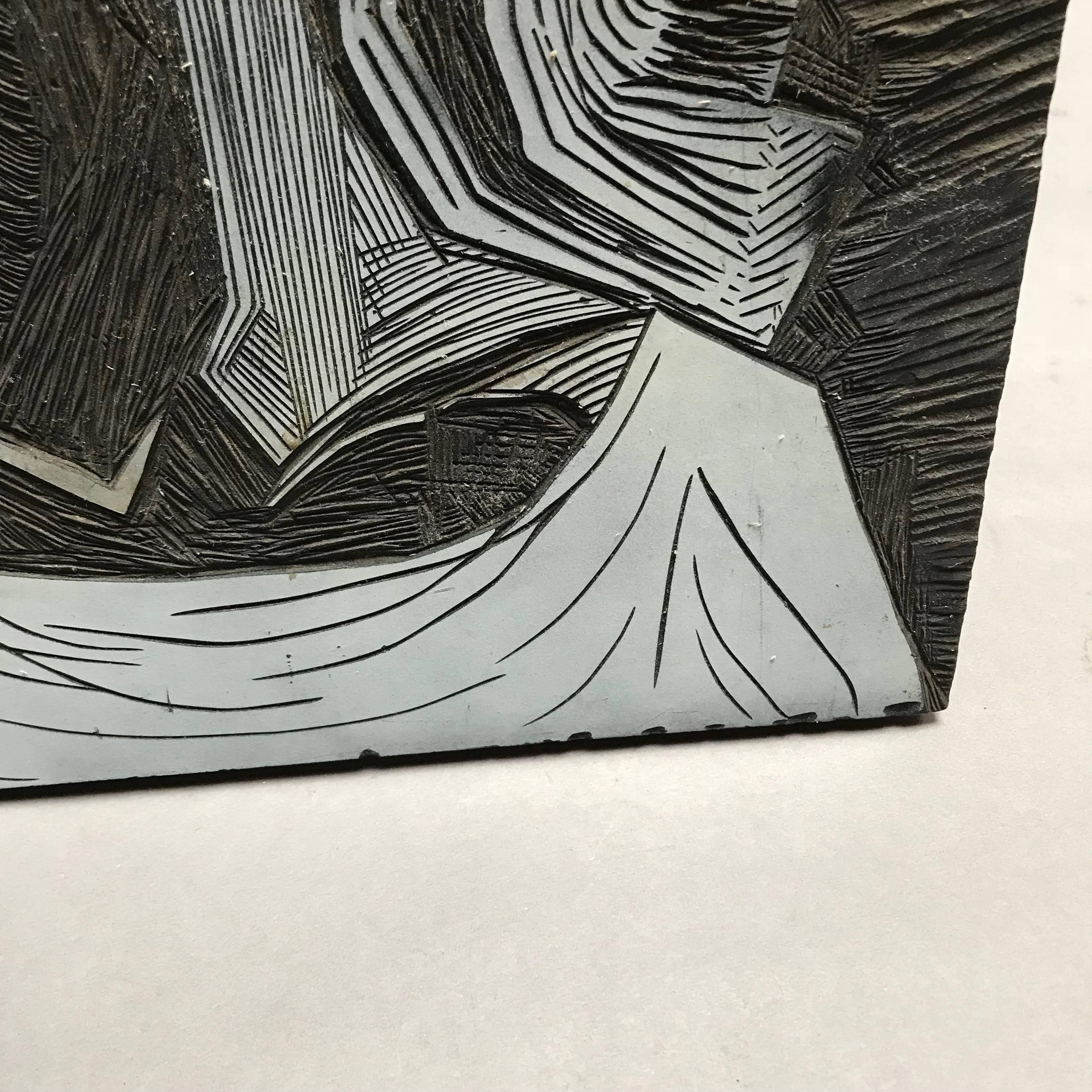 Mid-Century Modern Brutalist Linocut Portrait In Good Condition For Sale In Brooklyn, NY