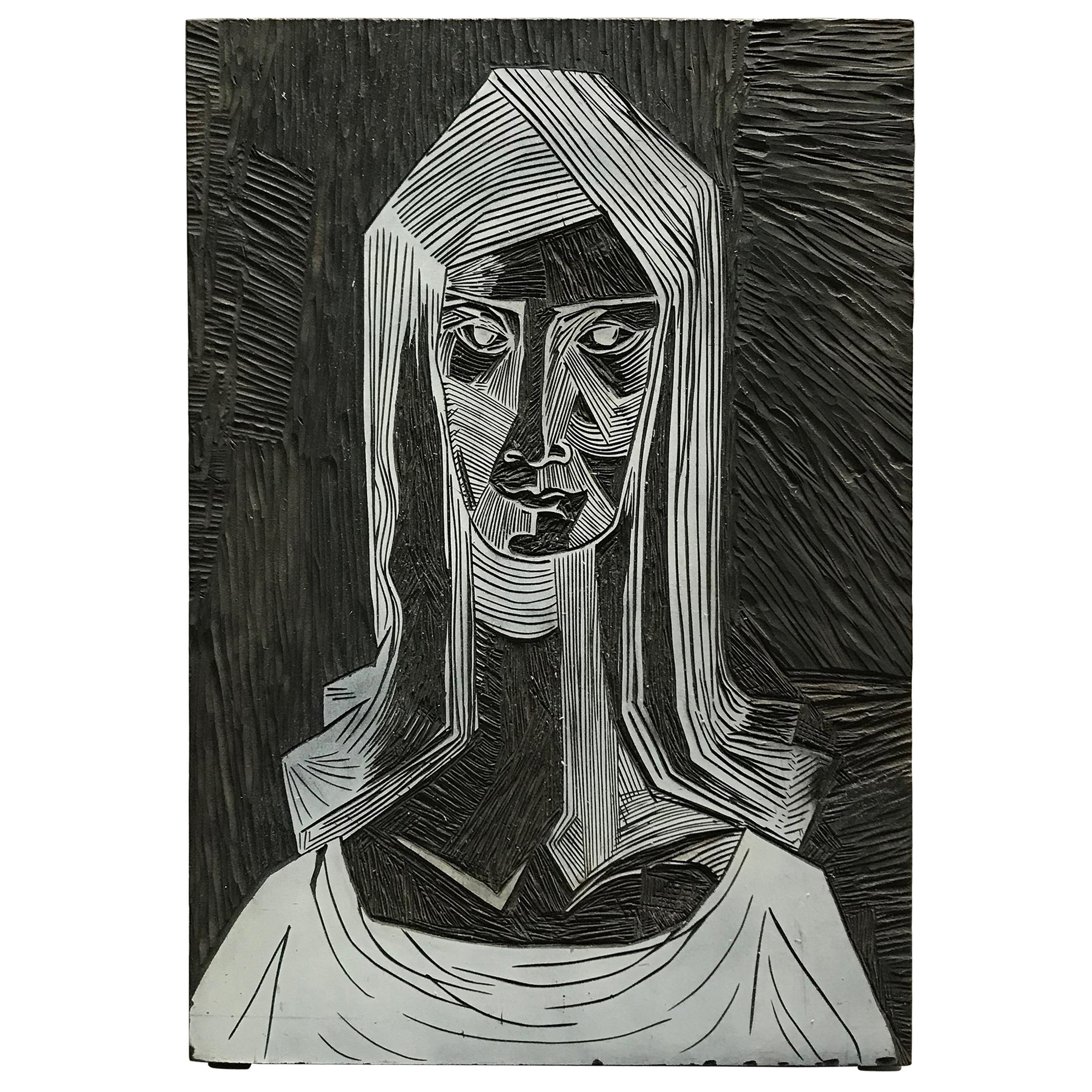 Mid-Century Modern Brutalist Linocut Portrait