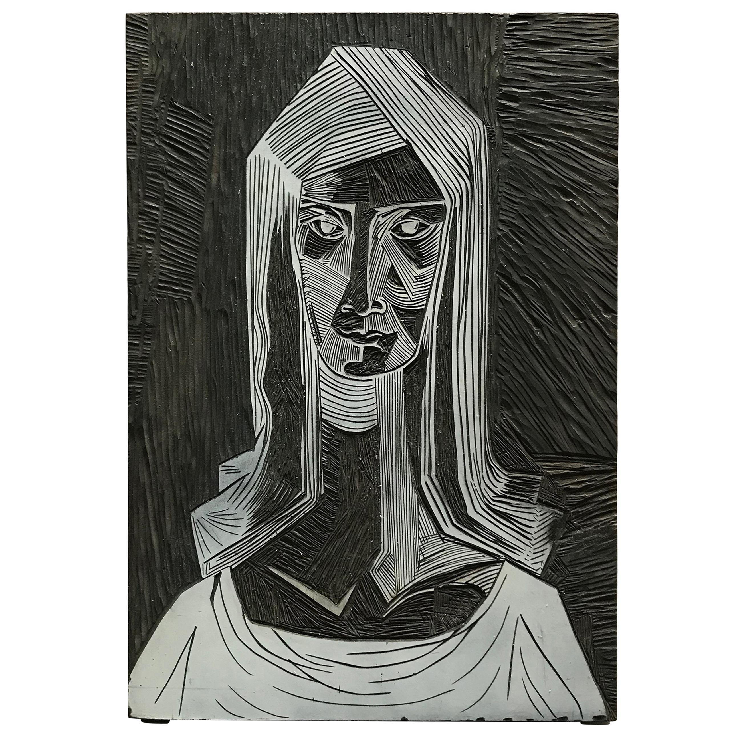 Portrait brutaliste de Linocut en gravure, mi-siècle moderne
