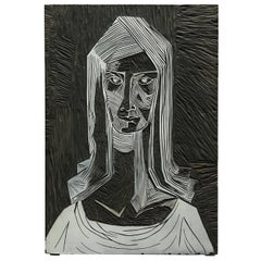 Mid-Century Modern Brutalist Linocut Portrait