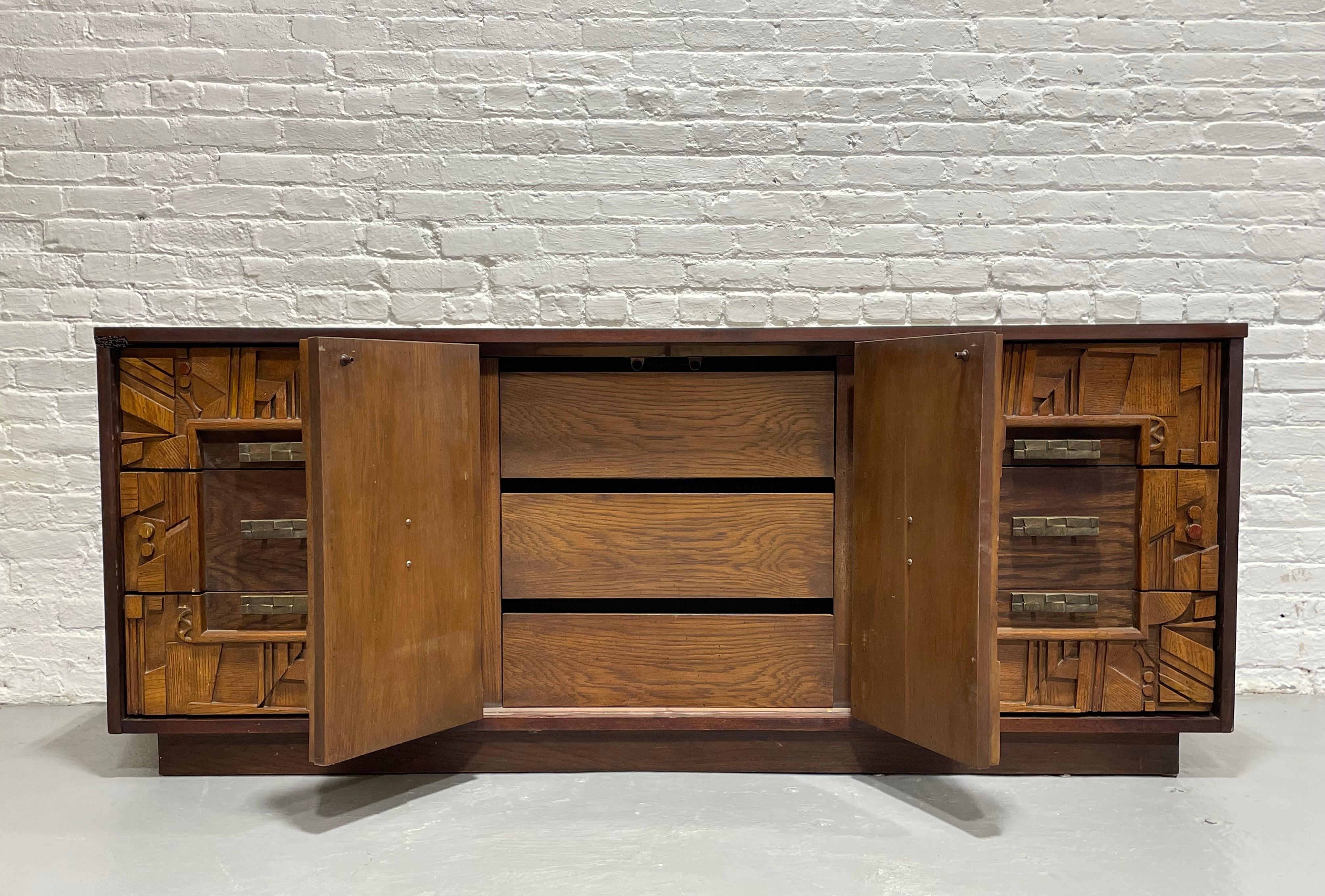 Walnut Mid Century MODERN BRUTALIST Long Dresser / CREDENZA in the style of Paul Evans For Sale