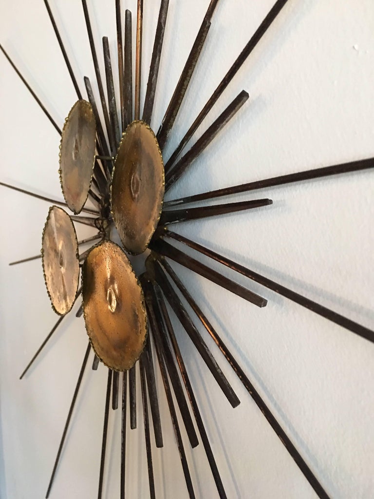 MidCentury Modern Brutalist Metal Sunburst Wall Sculpture For Sale at