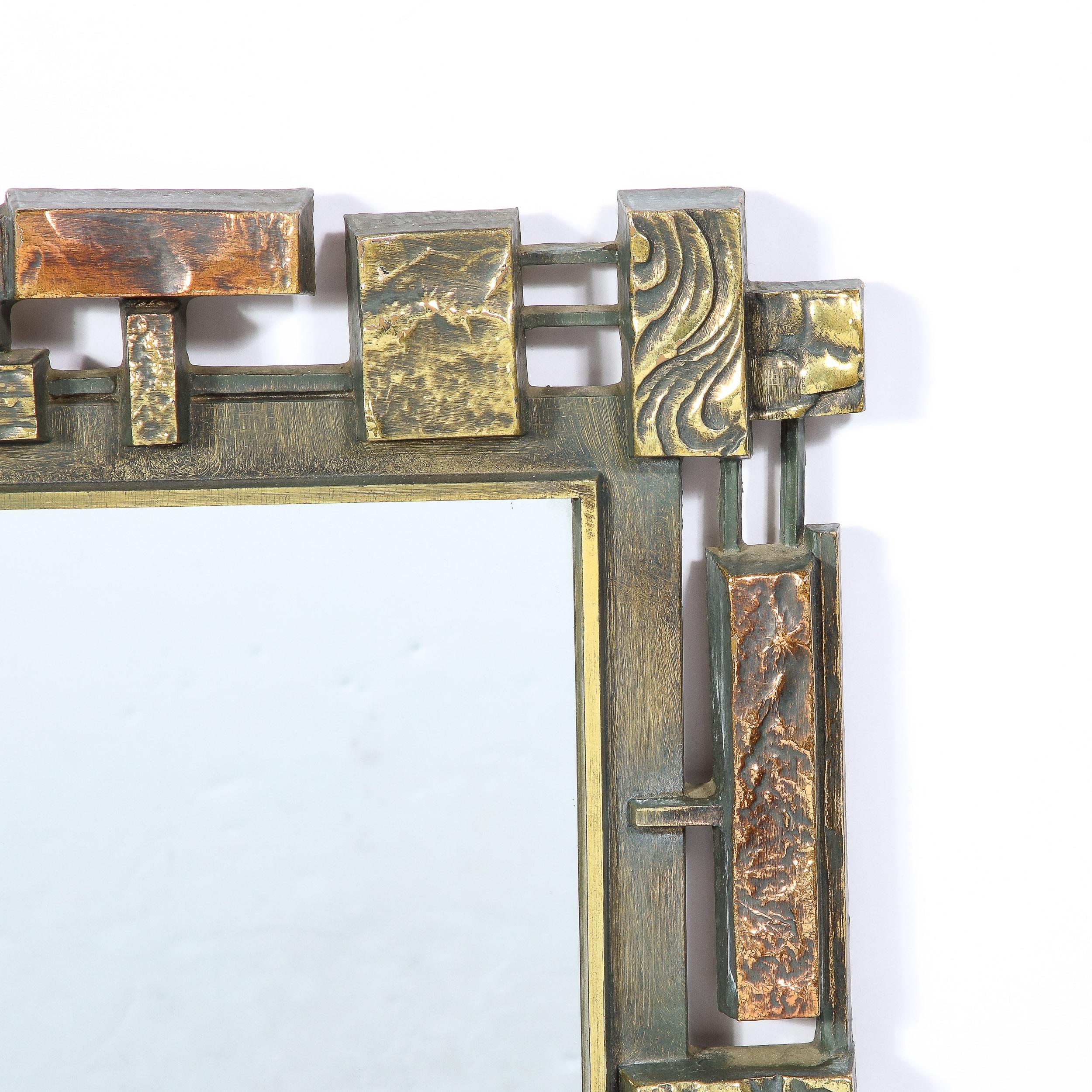 Mid-Century Modern Brutalist Mirror with Textured Bronze & Copper Mosaic Border In Excellent Condition In New York, NY