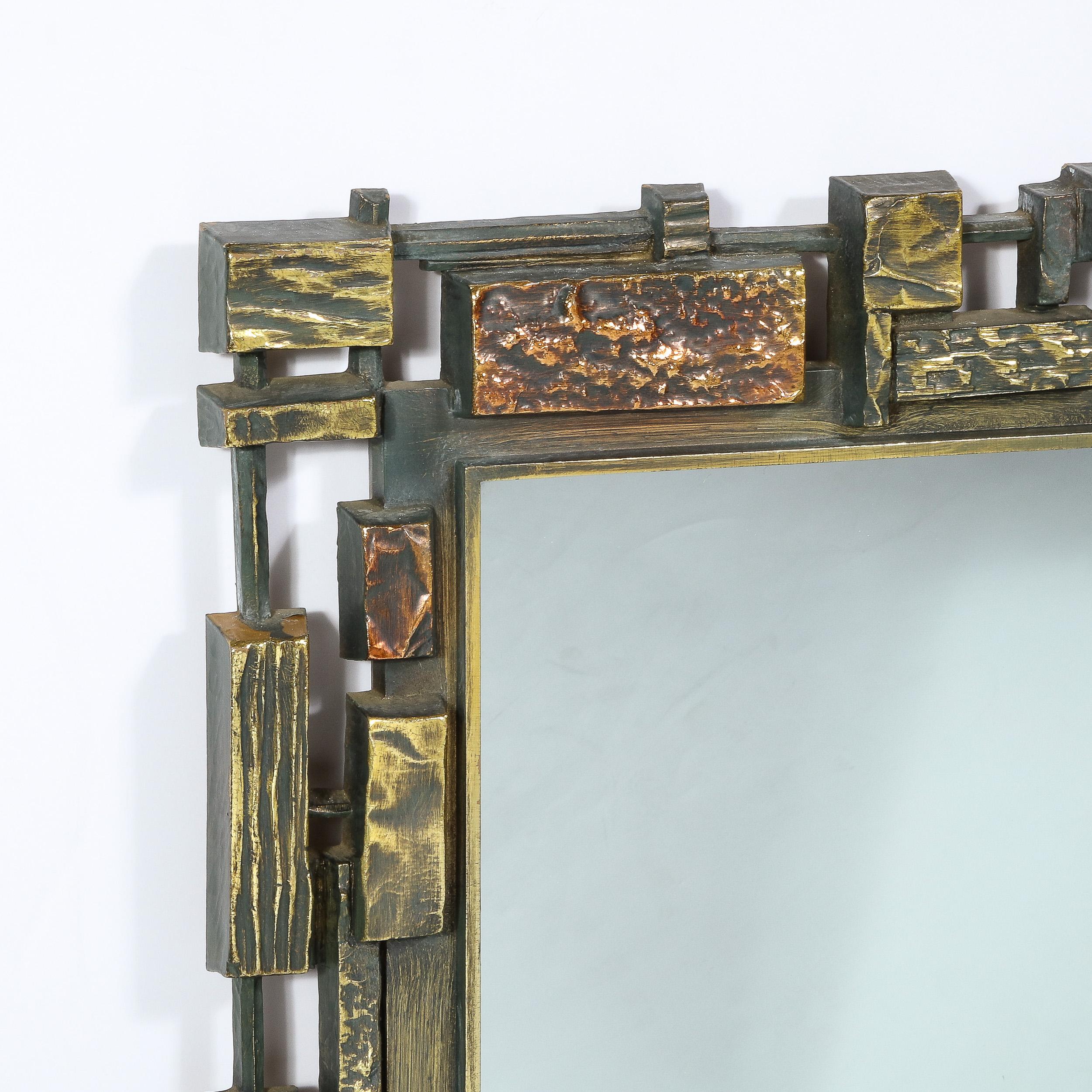 Mid-Century Modern Brutalist Mirror with Textured Bronze & Copper Mosaic Border 3