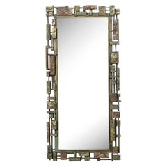 Mid-Century Modern Brutalist Mirror with Textured Bronze & Copper Mosaic Border