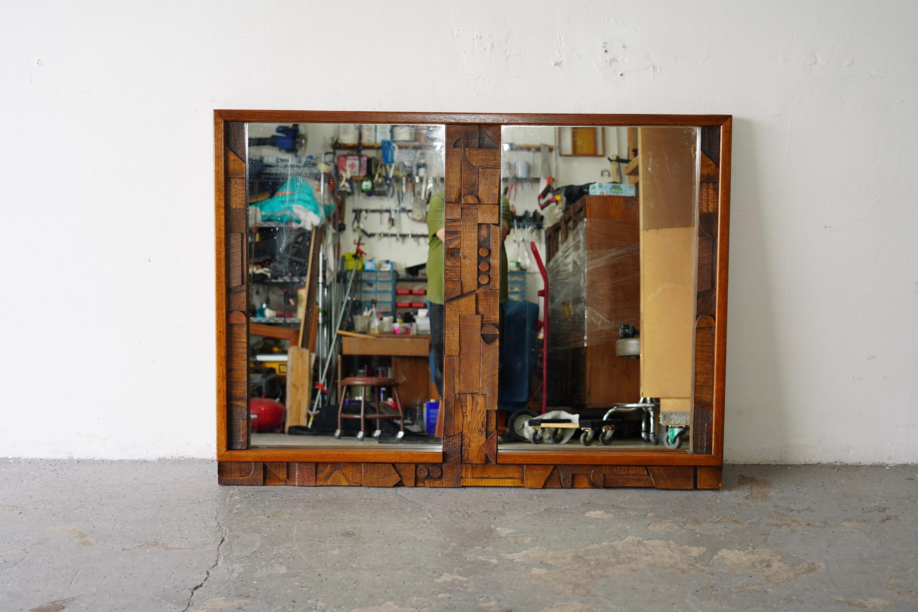  Mid-Century Modern Brutalist Mirrors by Lane, “Pueblo” Collection
Dimensions:
55 inches wide 2 inches deep 40.5 high 

 Professionally refinished and restored.

The final photo shows additional pieces from the same collection. Each item is sold