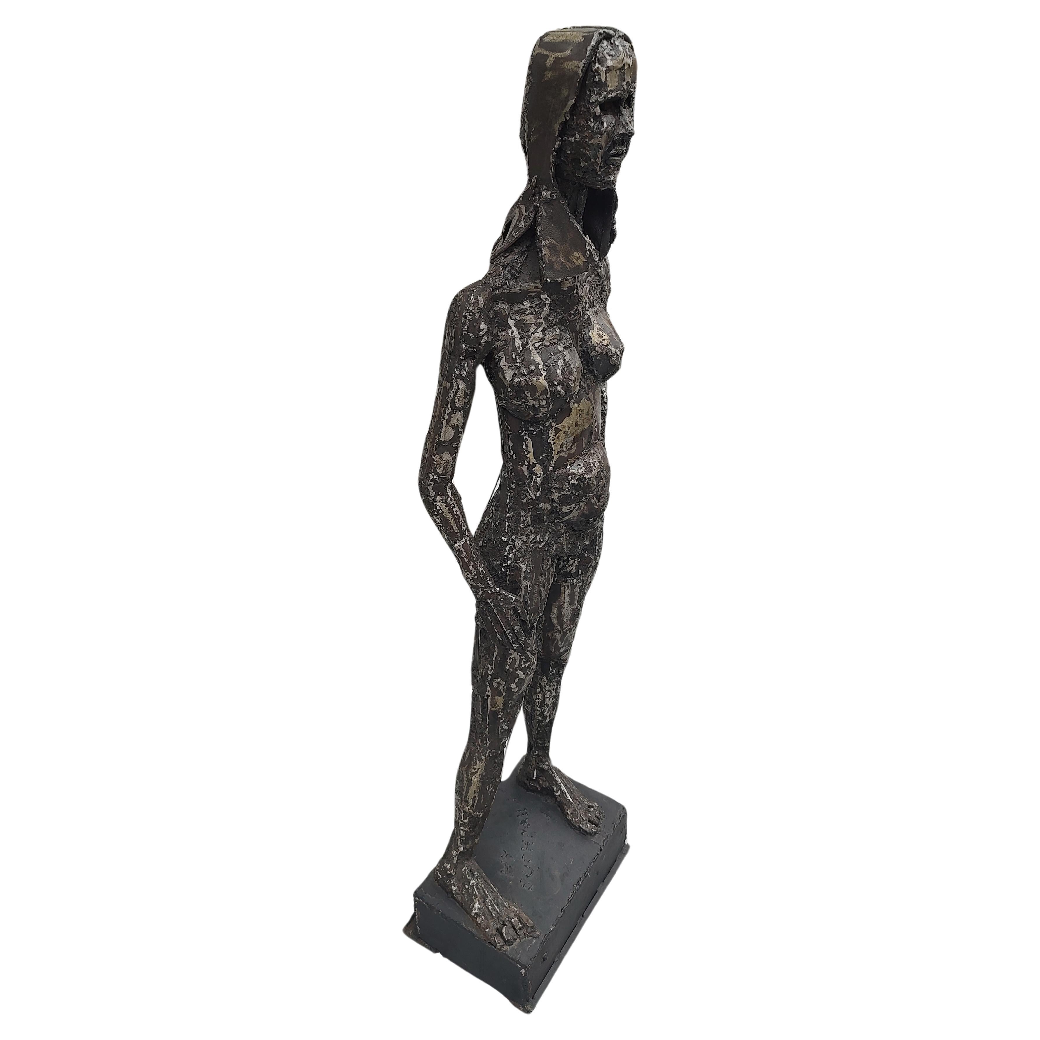 American Mid Century Modern Brutalist Mixed Metals Figurative Sculpture of a Woman C1970 For Sale