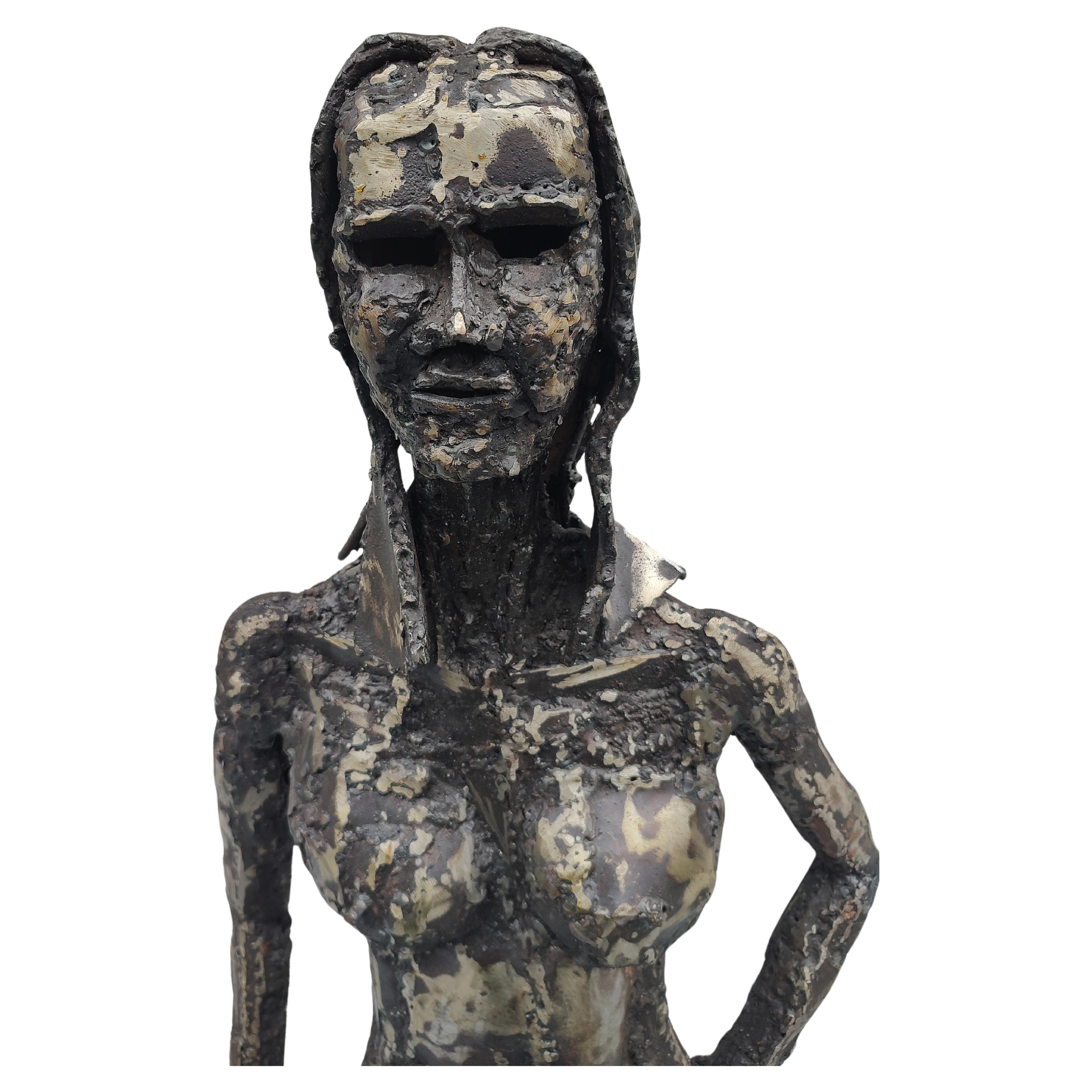 Brushed Mid Century Modern Brutalist Mixed Metals Figurative Sculpture of a Woman C1970 For Sale