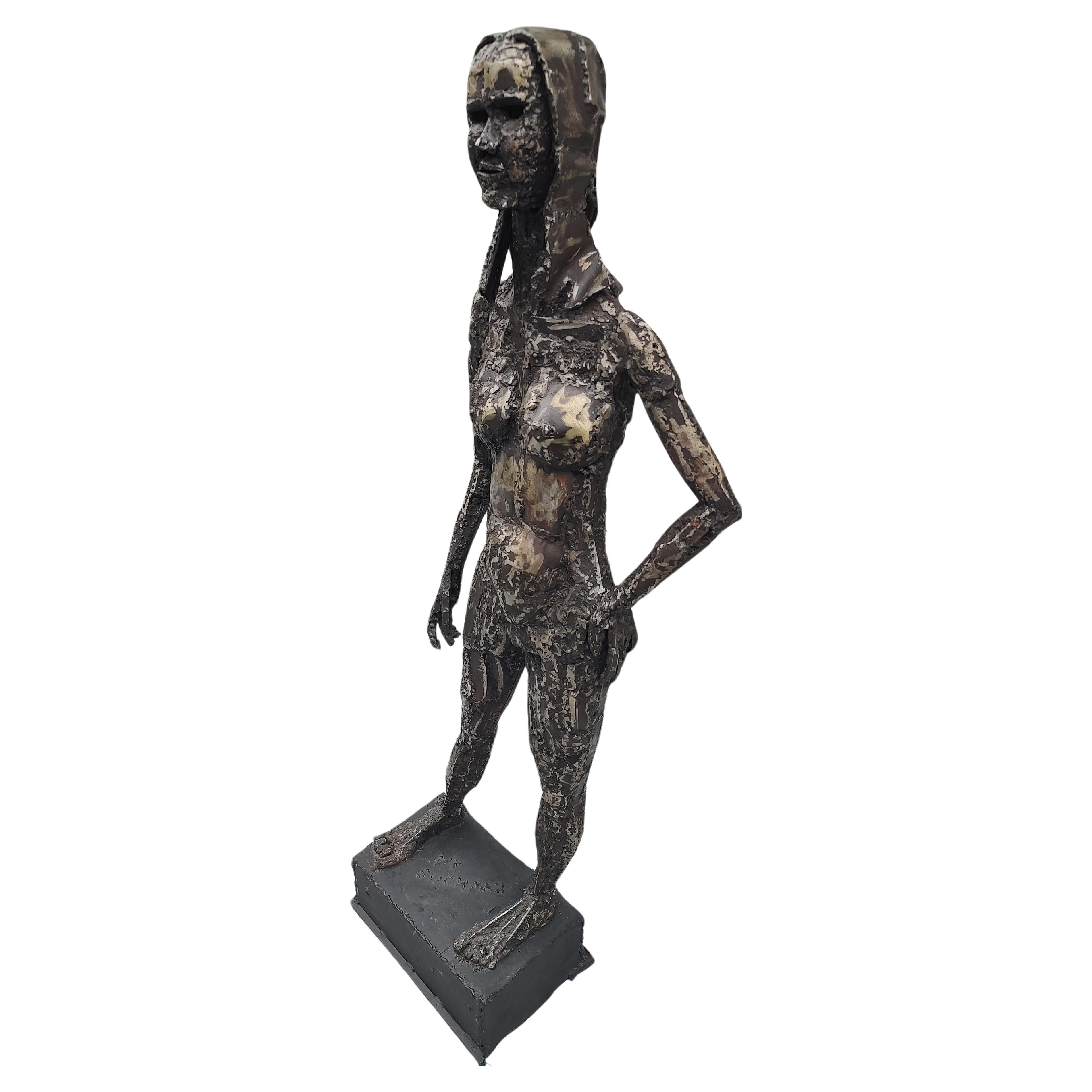 Mid Century Modern Brutalist Mixed Metals Figurative Sculpture of a Woman C1970 In Good Condition For Sale In Port Jervis, NY