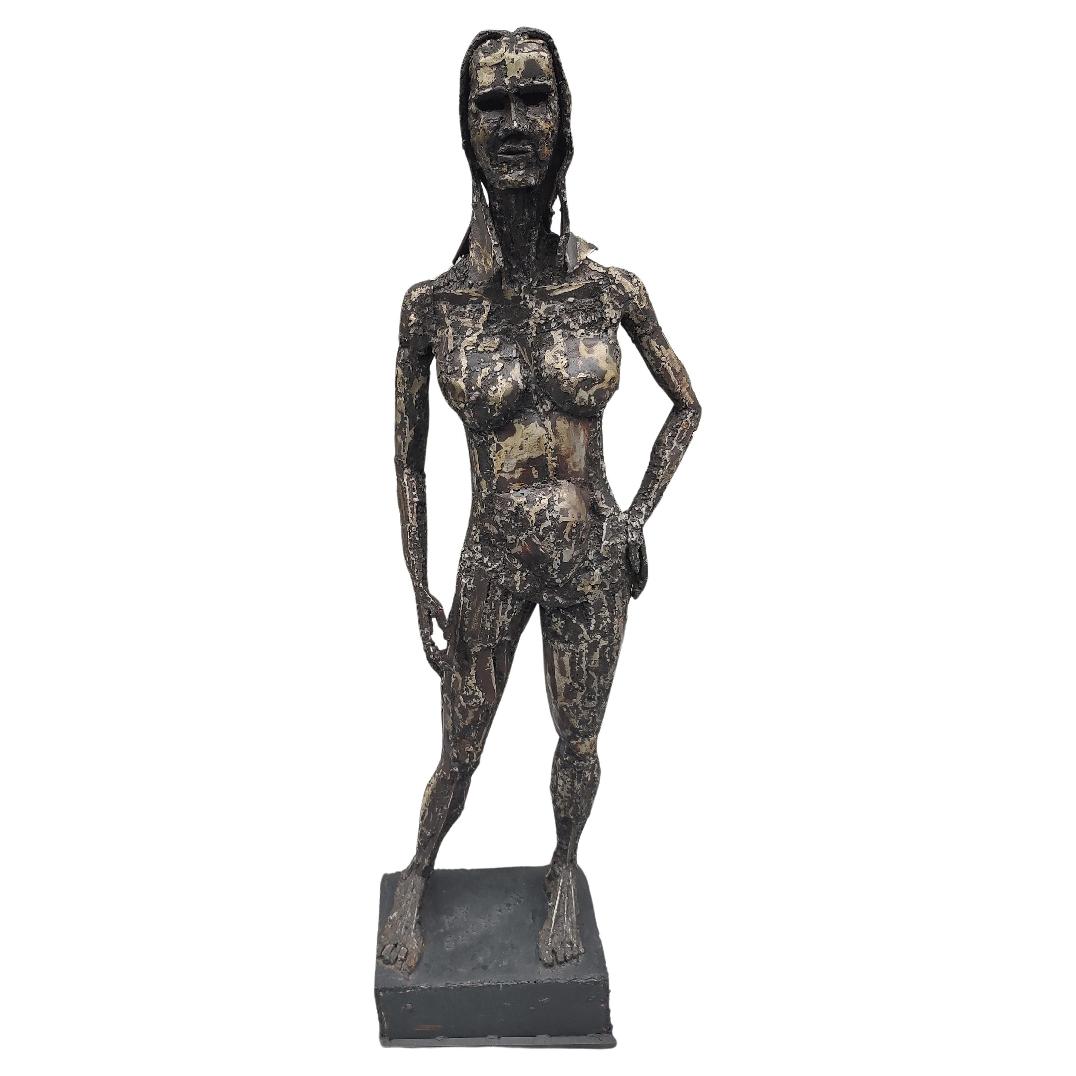 Mid Century Modern Brutalist Mixed Metals Figurative Sculpture of a Woman C1970 For Sale