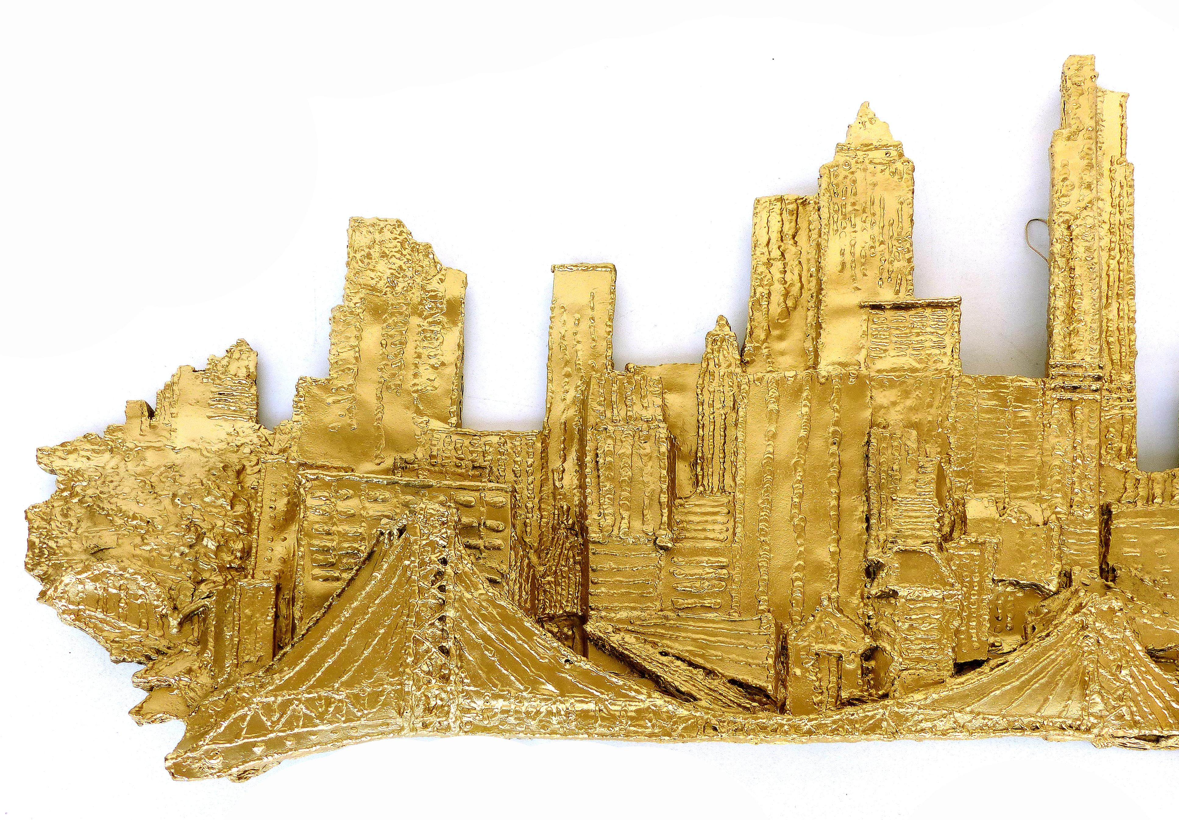 Mid-Century Modern Brutalist NYC Cityscape wall sculpture, signed
Offered for sale is a Mid-Century Modern Brutalist Syroco style New York City gilt fiberglass wall sculpture depicting a city & bridge view. The sculpture is signed underneath and is