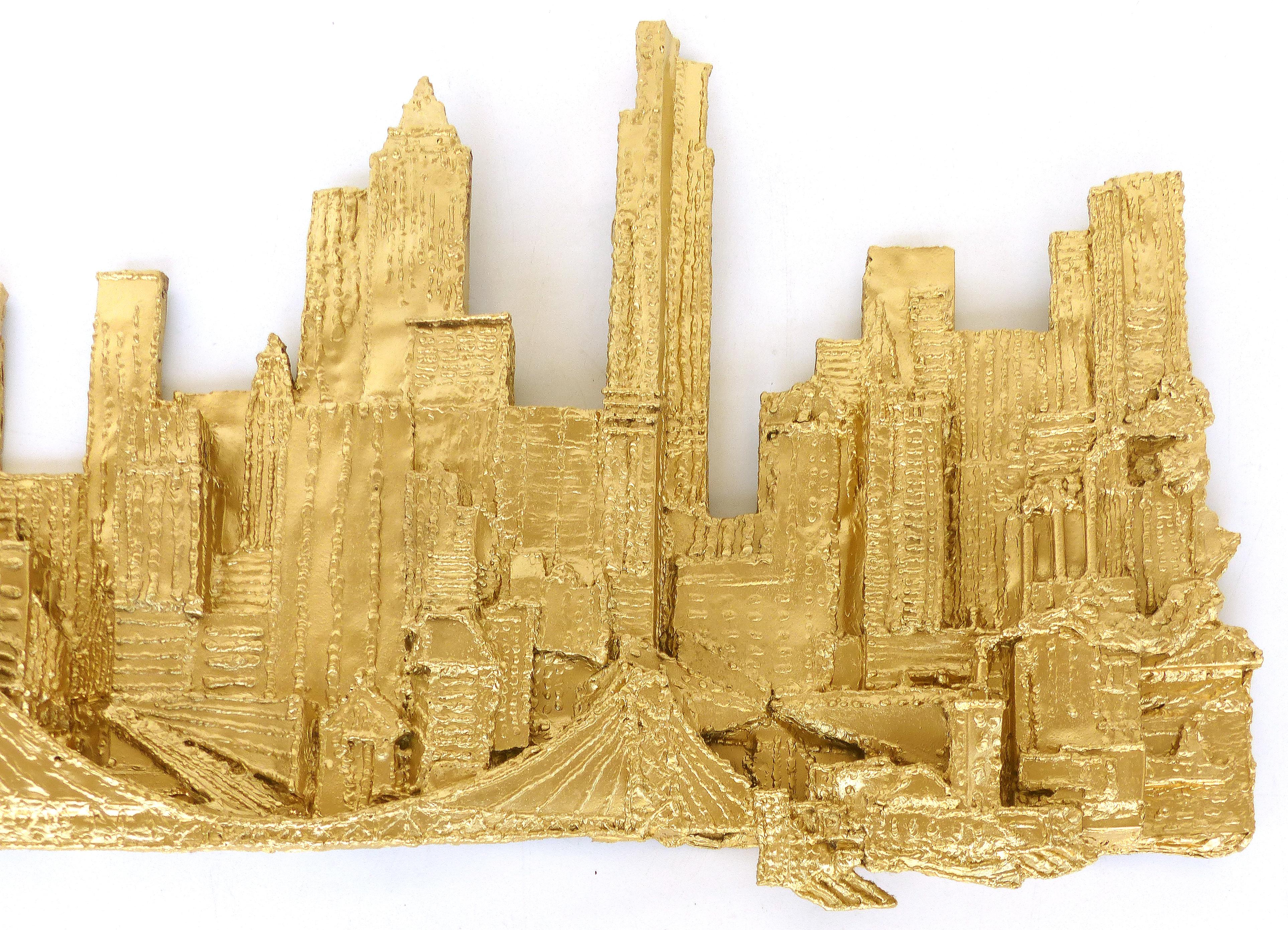 North American Mid-Century Modern Brutalist NYC Cityscape Wall Sculpture, Signed