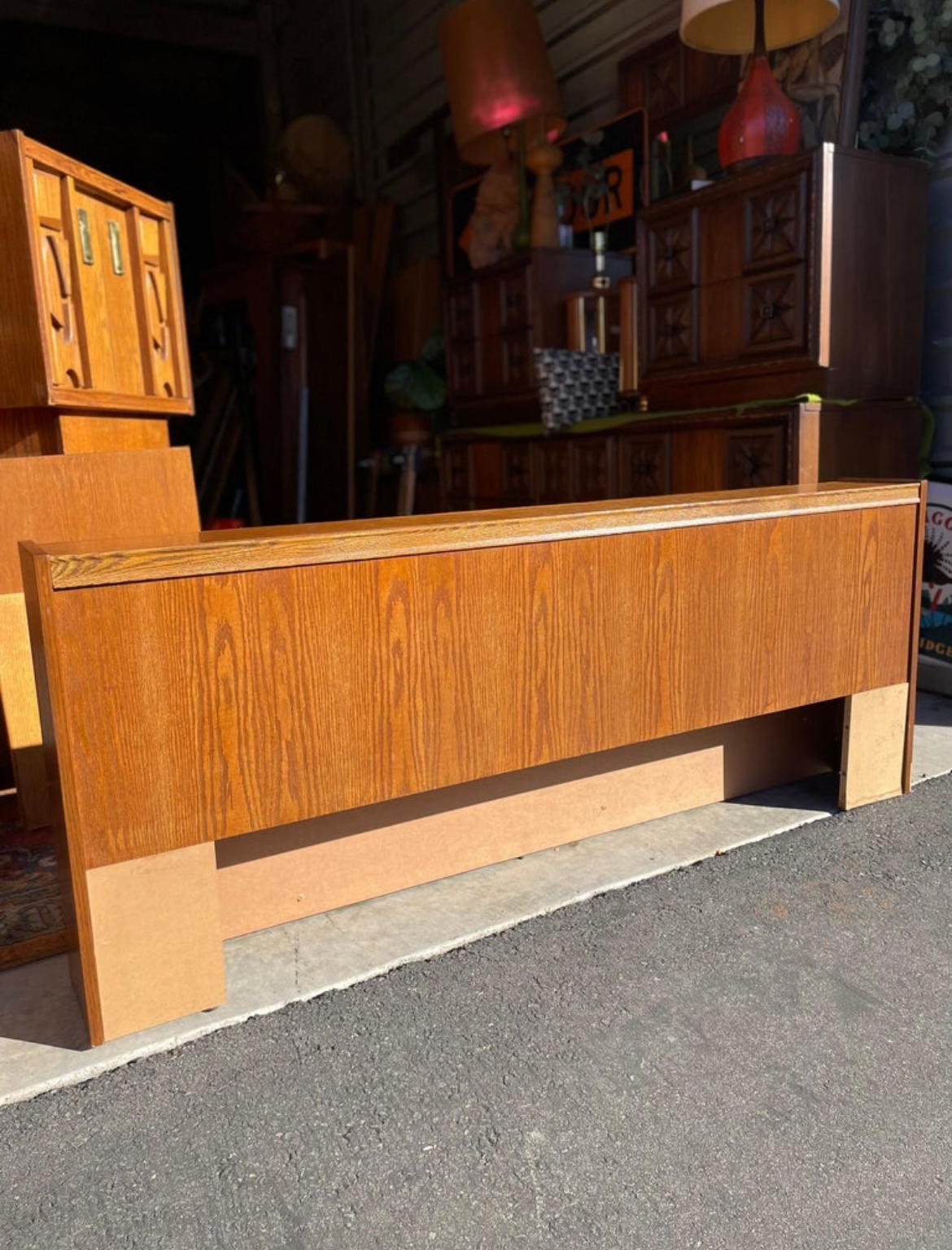 Finding this tiki brutalist bedroom set as a COMPLETE SET in such great vintage condition is a rarity! The details on the pieces are truly amazing. Smooth sliding drawers and tons of storage space. Utilize the Tallboy in multiple ways. This set will