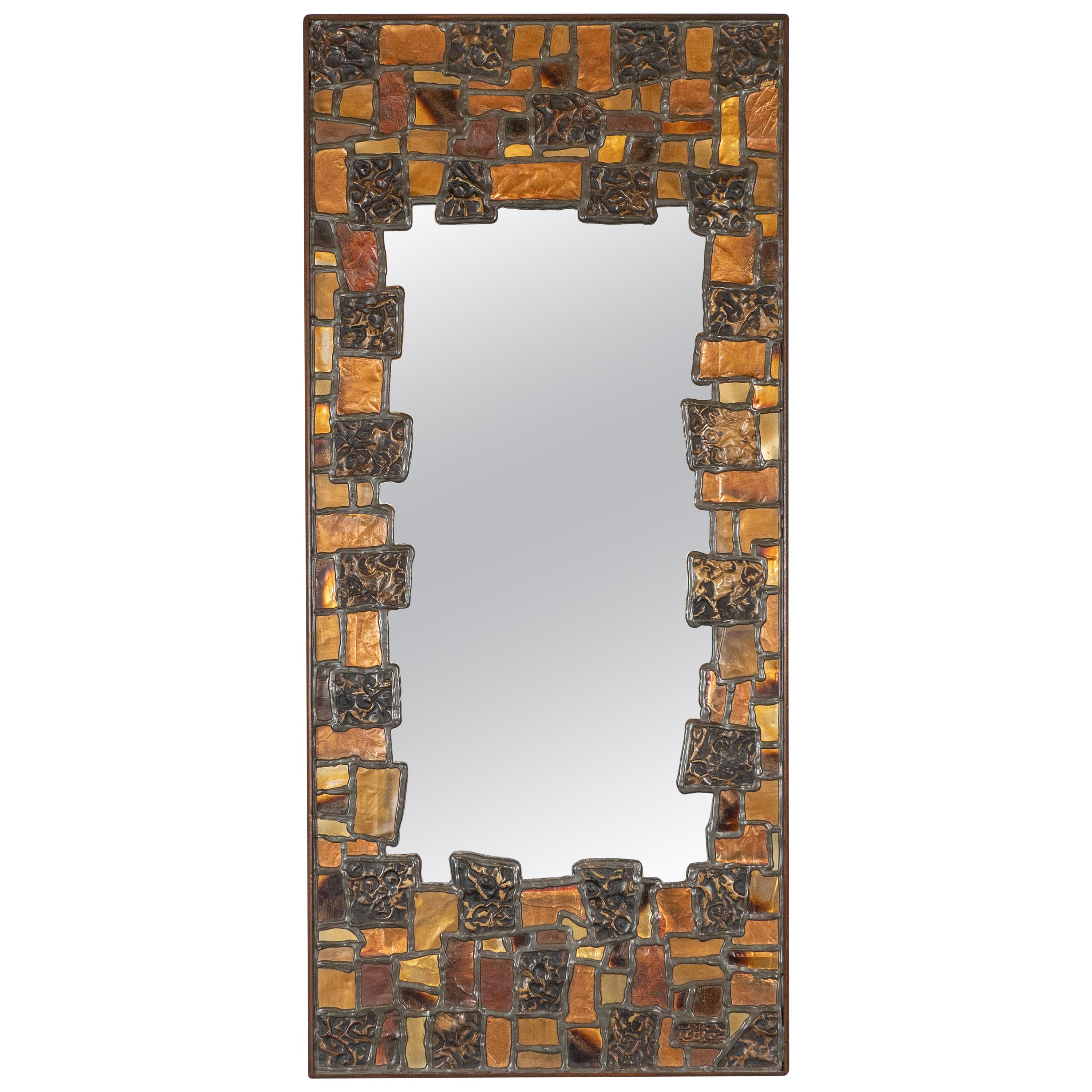 Mid-Century Modern Brutalist Patchwork Mirror in Brass, Copper, Bronze 
Pewter