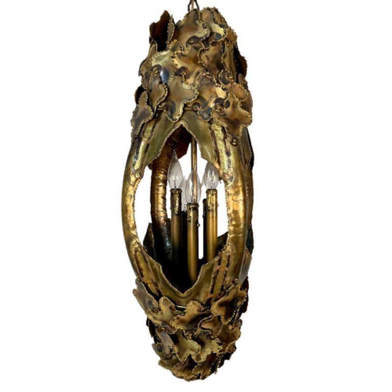 Mid-Century Modern Brutalist Pendant/Chandelier by Tom Greene for Feldman, Brass
 
Tom Greene for Feldman Lighting Co.
 
Patinated Brass
United States, 1960s
 
28