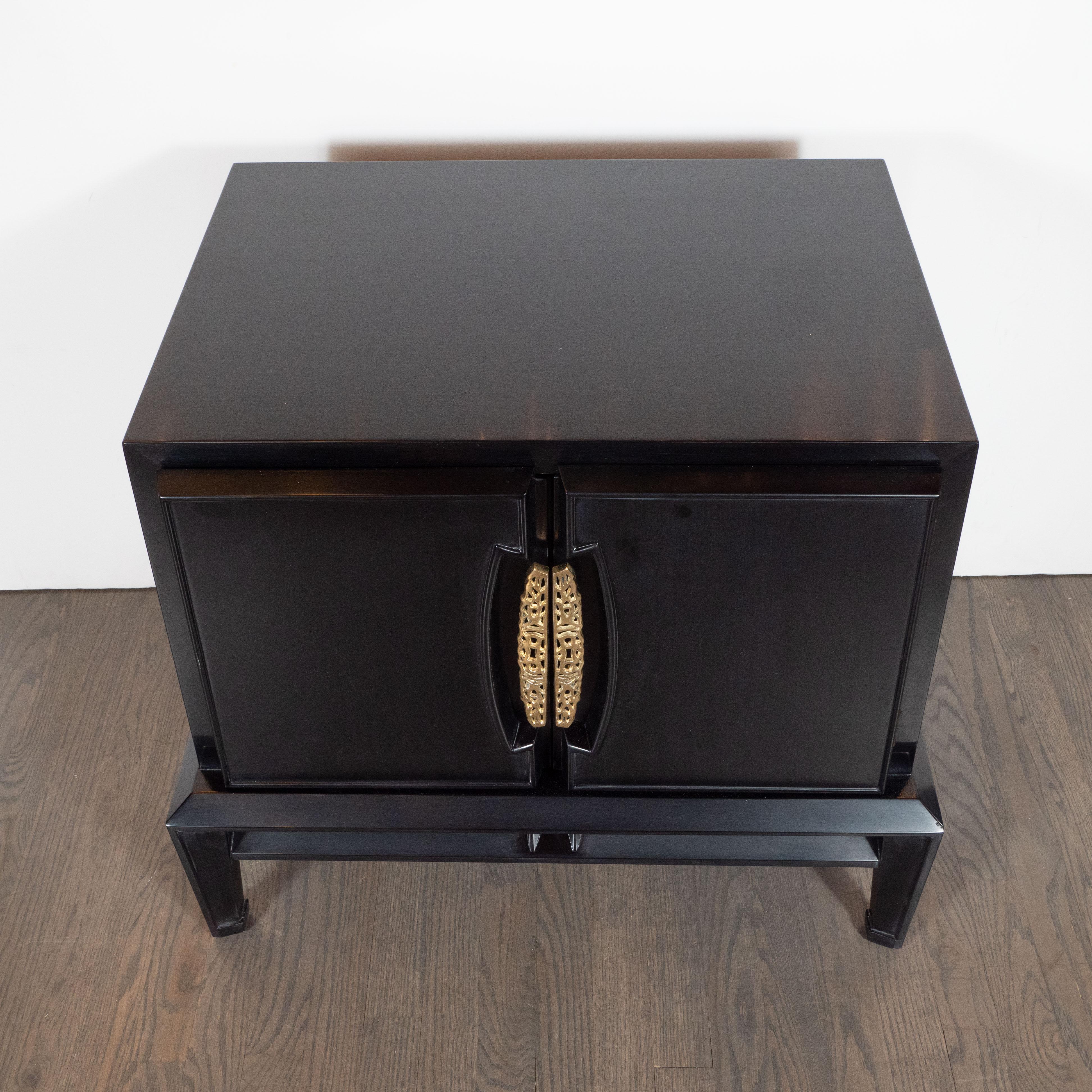 Mid-Century Modern Brutalist Polished Brass and Ebonized Walnut Nightstands In Excellent Condition In New York, NY
