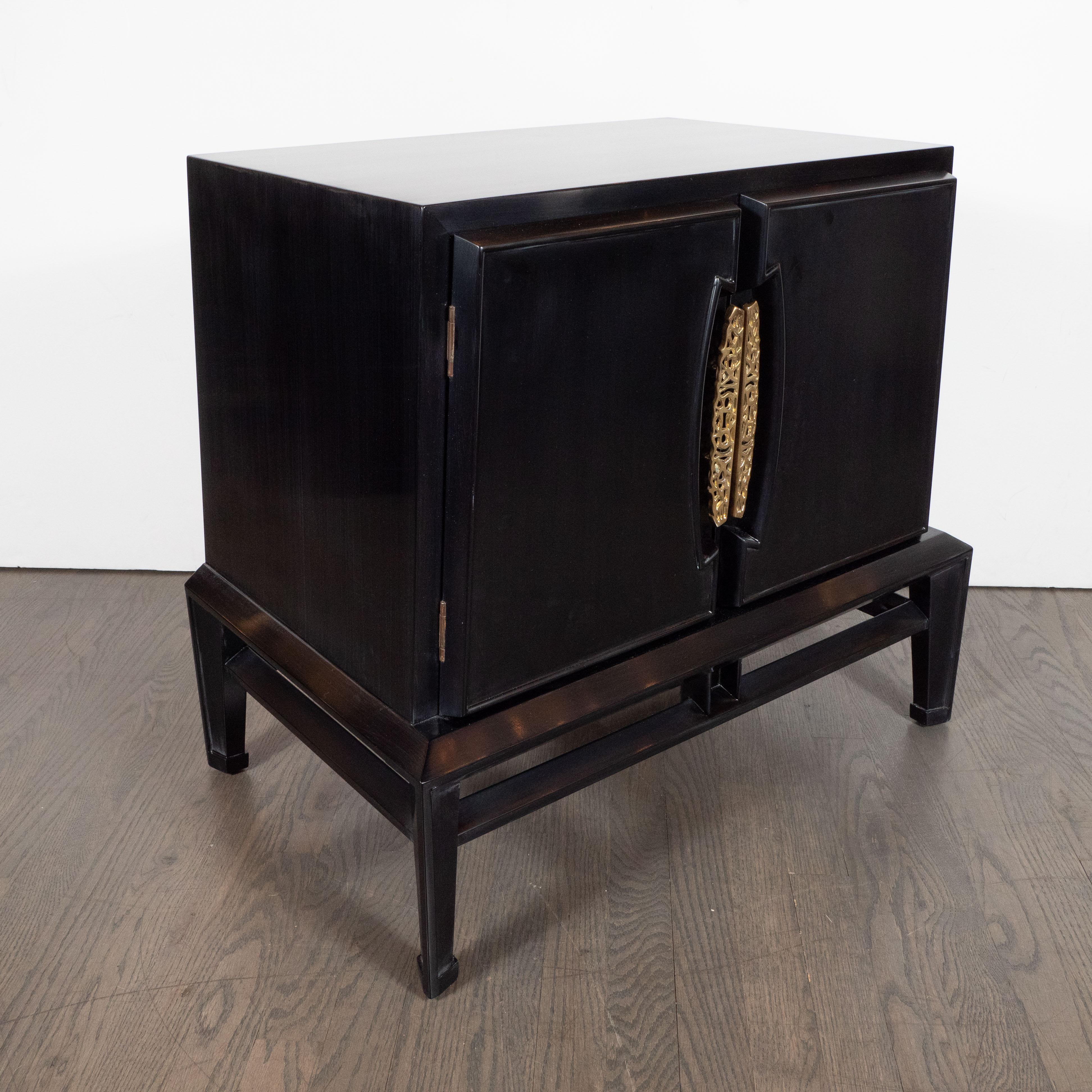 Mid-Century Modern Brutalist Polished Brass and Ebonized Walnut Nightstands 1