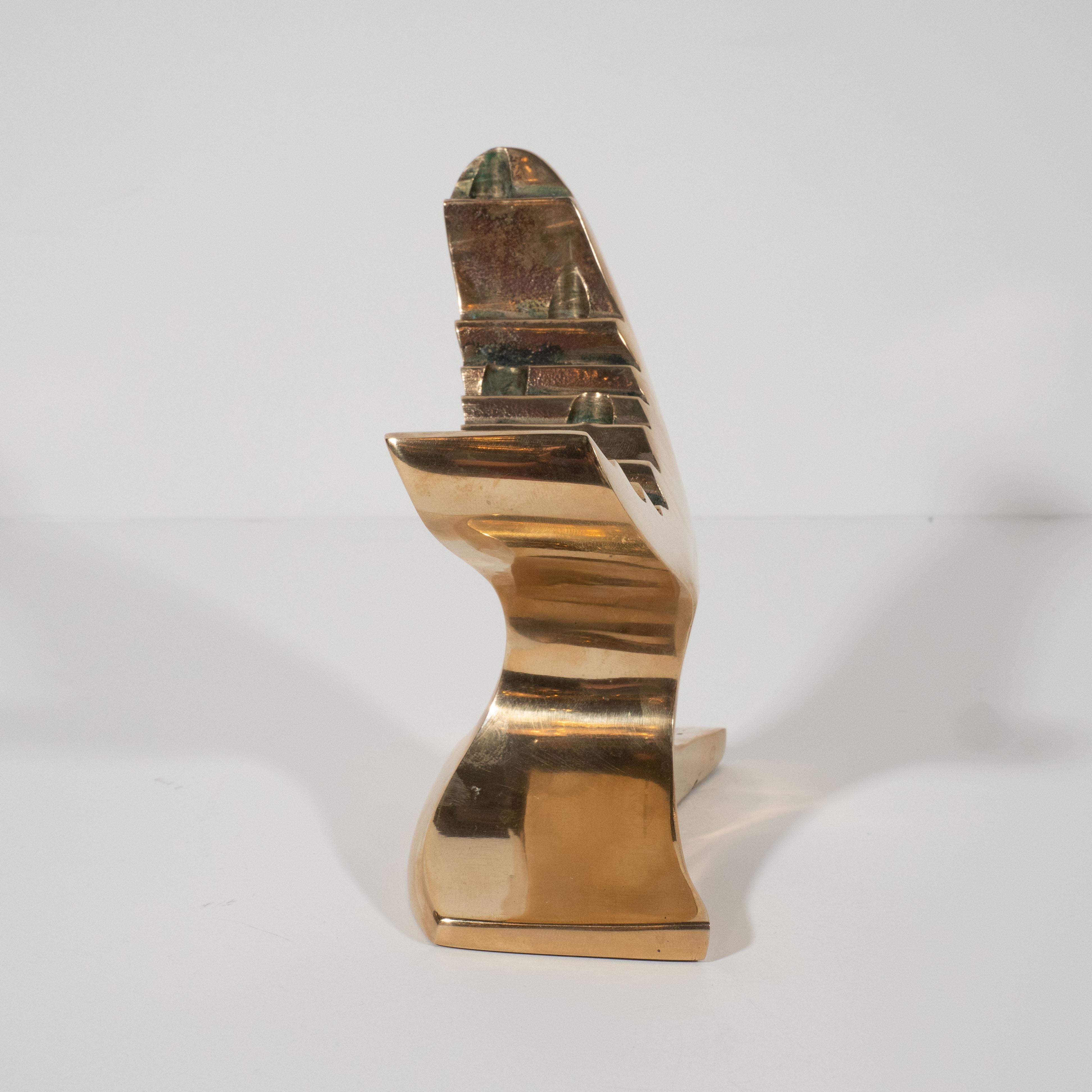 North American Mid-Century Modern Brutalist Polished Brass Menorah Signed by David A. Nelson