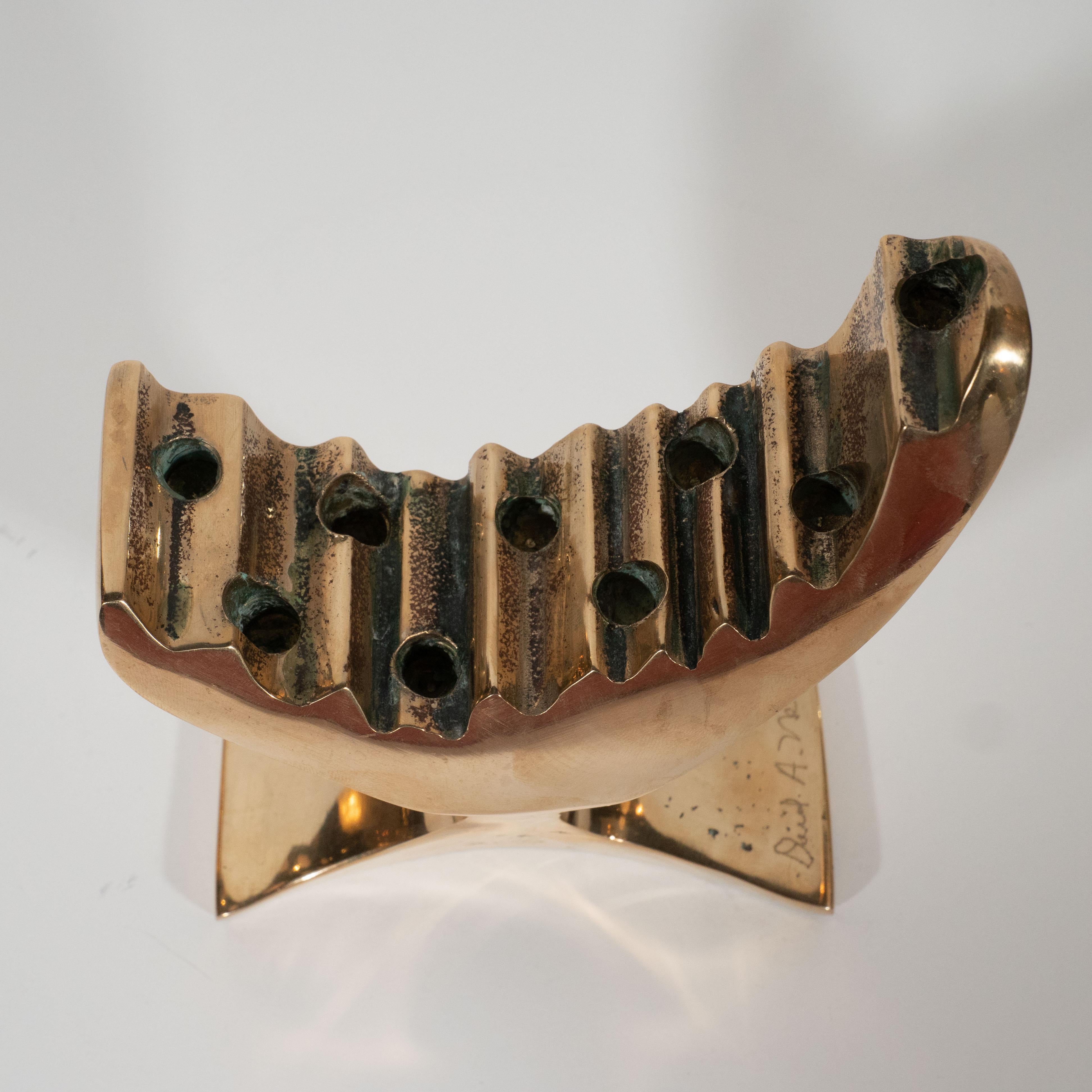 Mid-Century Modern Brutalist Polished Brass Menorah Signed by David A. Nelson 1