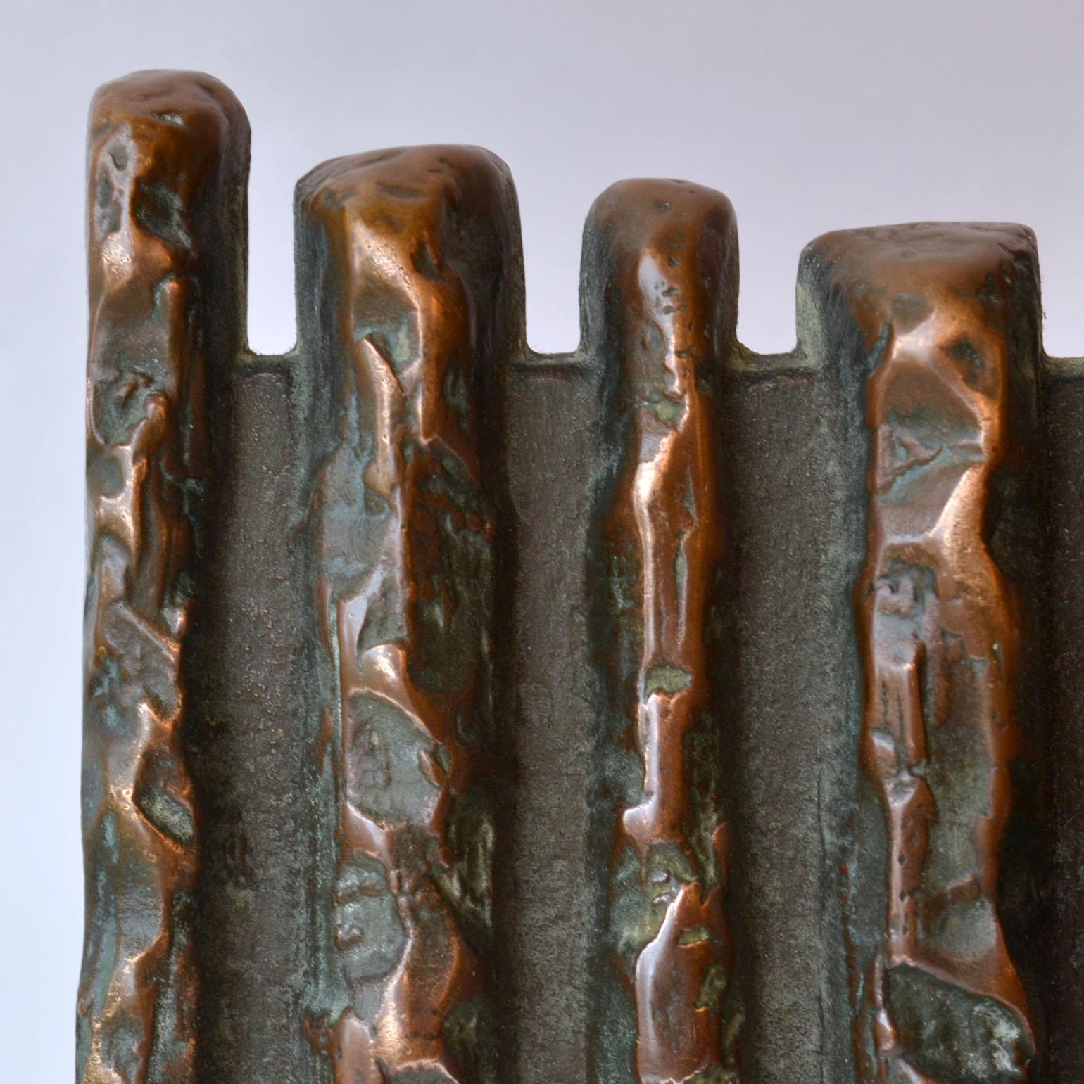 Late 20th Century Architectural Sculptural Bronze Push Pull Door Handle Pair with Brutalist Relief