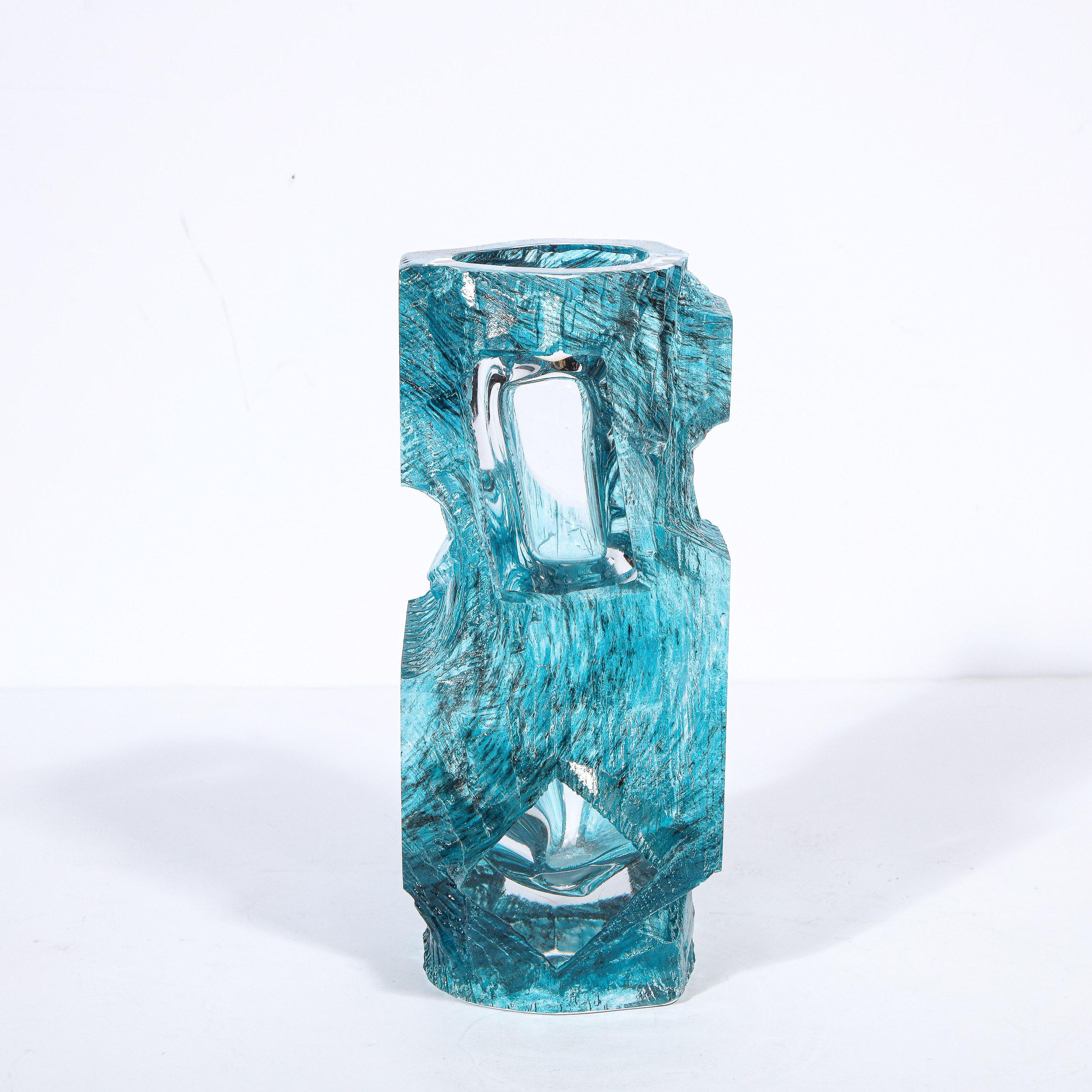 French Mid-Century Modern Brutalist Sculptural Sapphire Blue Glass Vase Signed Daum