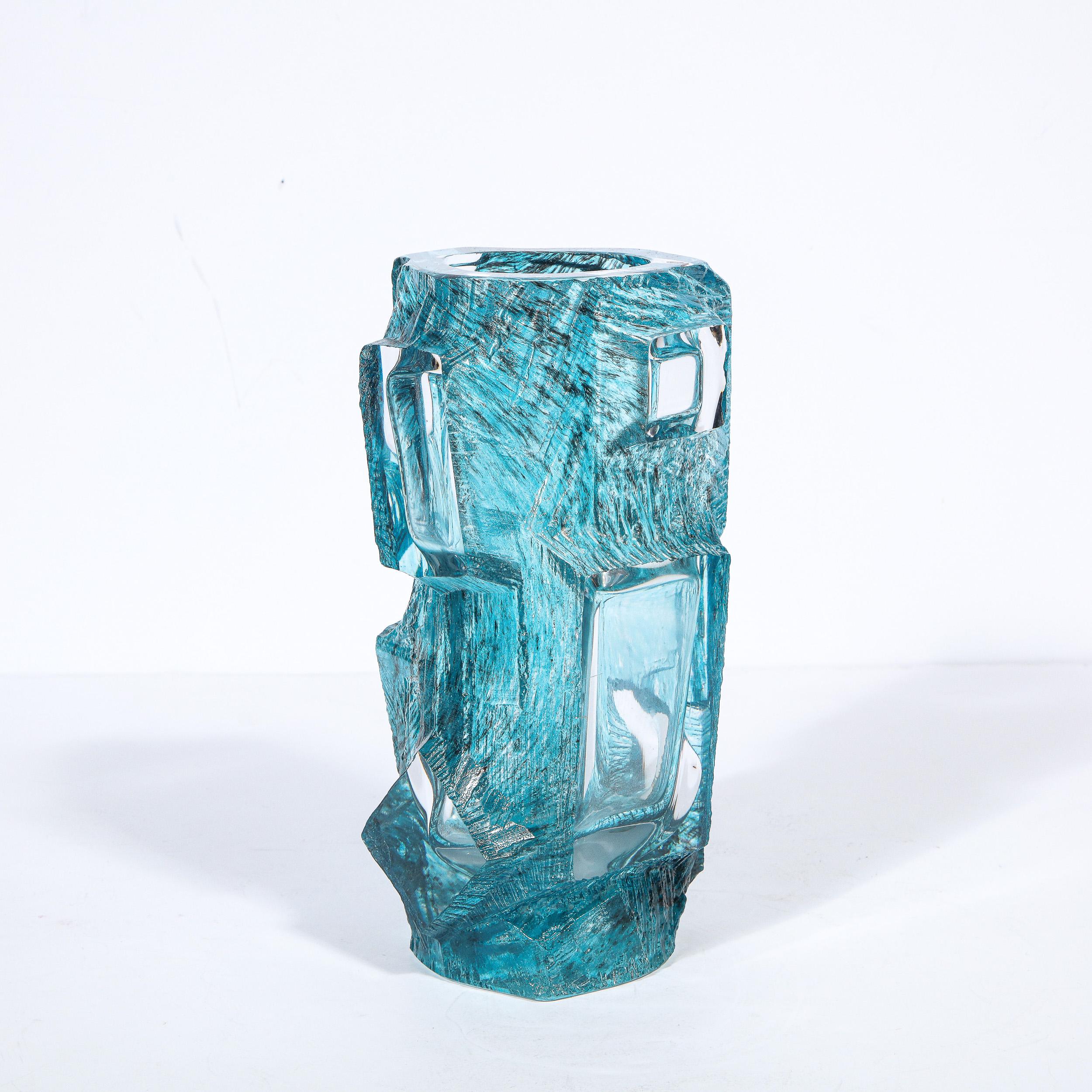 Mid-Century Modern Brutalist Sculptural Sapphire Blue Glass Vase Signed Daum In Excellent Condition In New York, NY