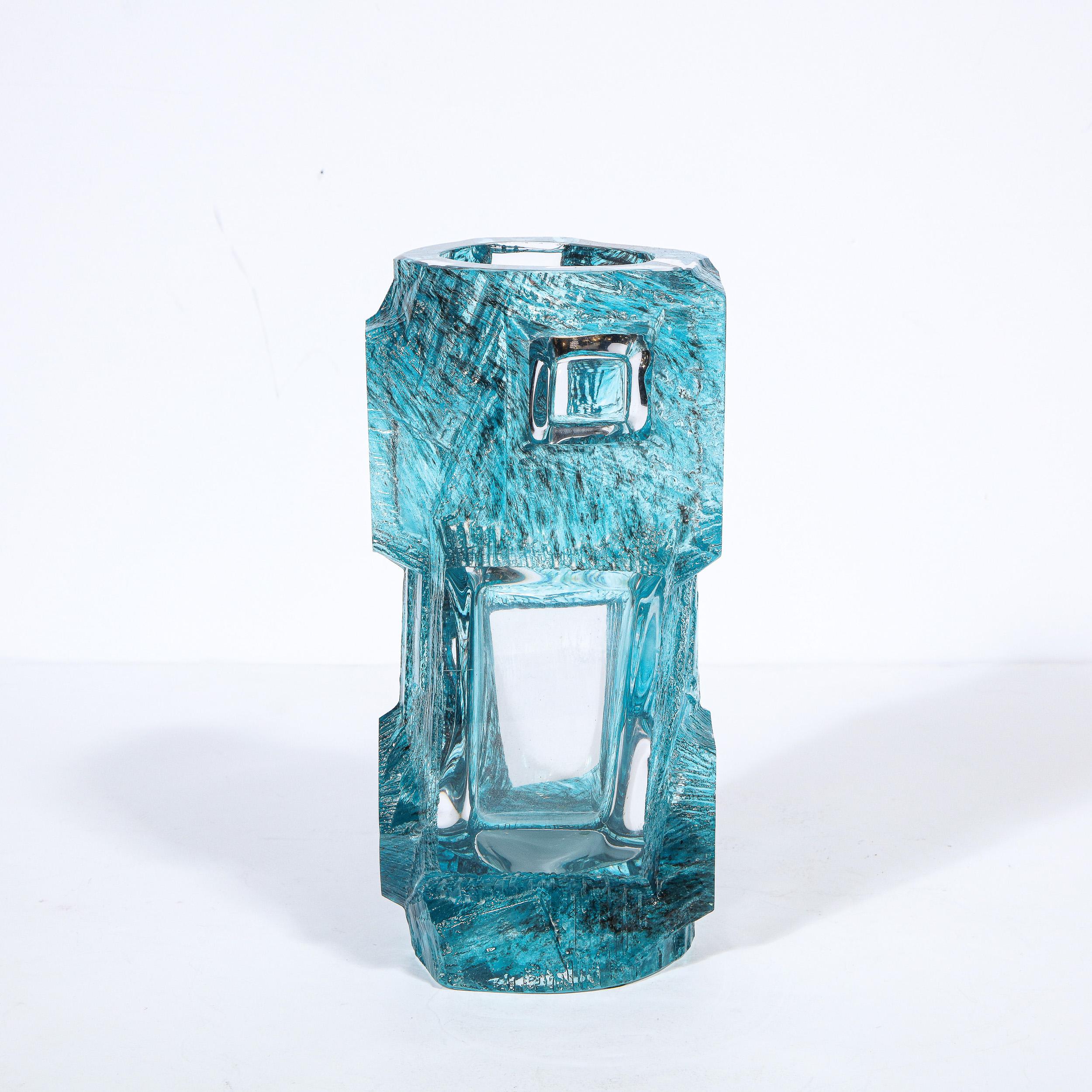 Late 20th Century Mid-Century Modern Brutalist Sculptural Sapphire Blue Glass Vase Signed Daum