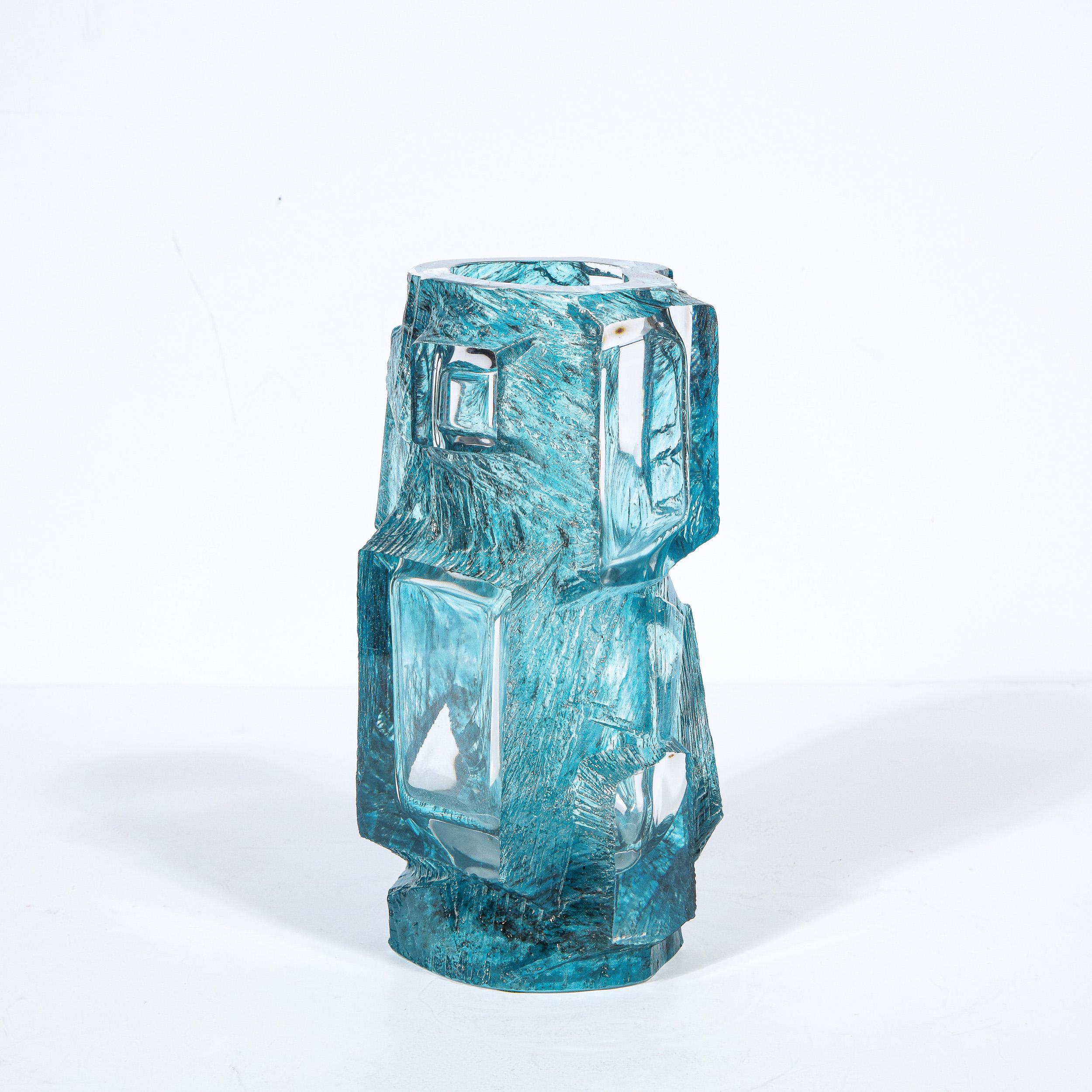 Mid-Century Modern Brutalist Sculptural Sapphire Blue Glass Vase Signed Daum 1