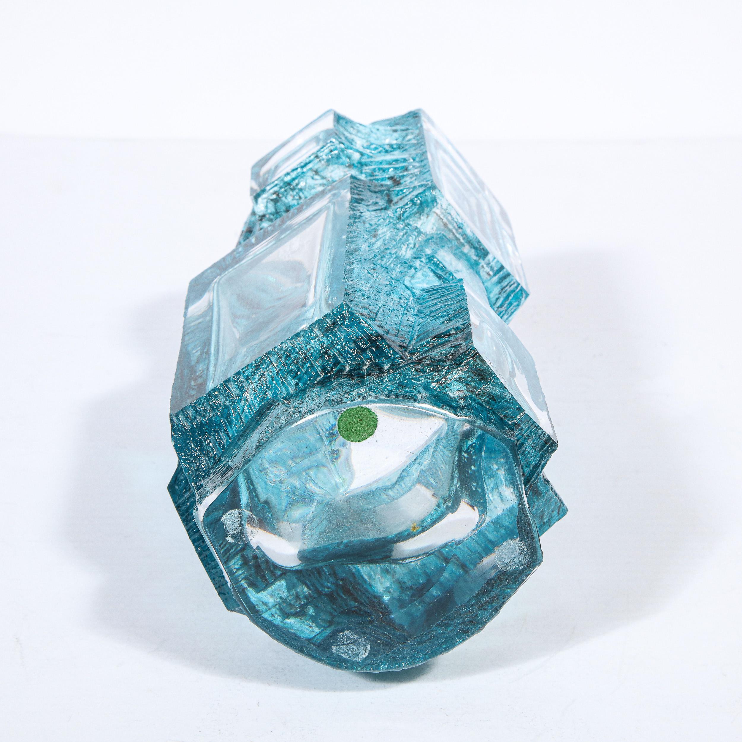 Mid-Century Modern Brutalist Sculptural Sapphire Blue Glass Vase Signed Daum 3