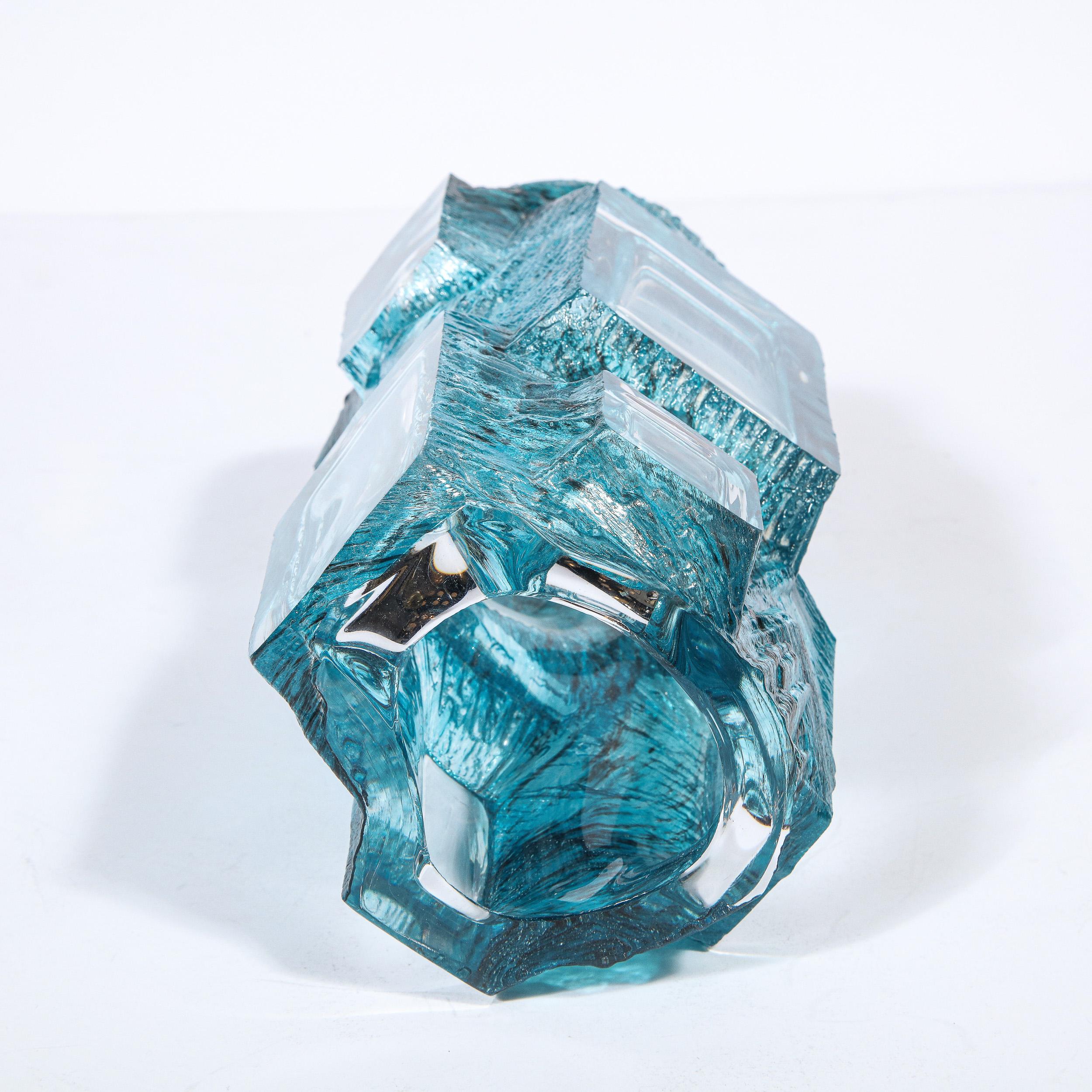 Mid-Century Modern Brutalist Sculptural Sapphire Blue Glass Vase Signed Daum 4