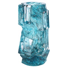 Mid-Century Modern Brutalist Sculptural Sapphire Blue Glass Vase Signed Daum