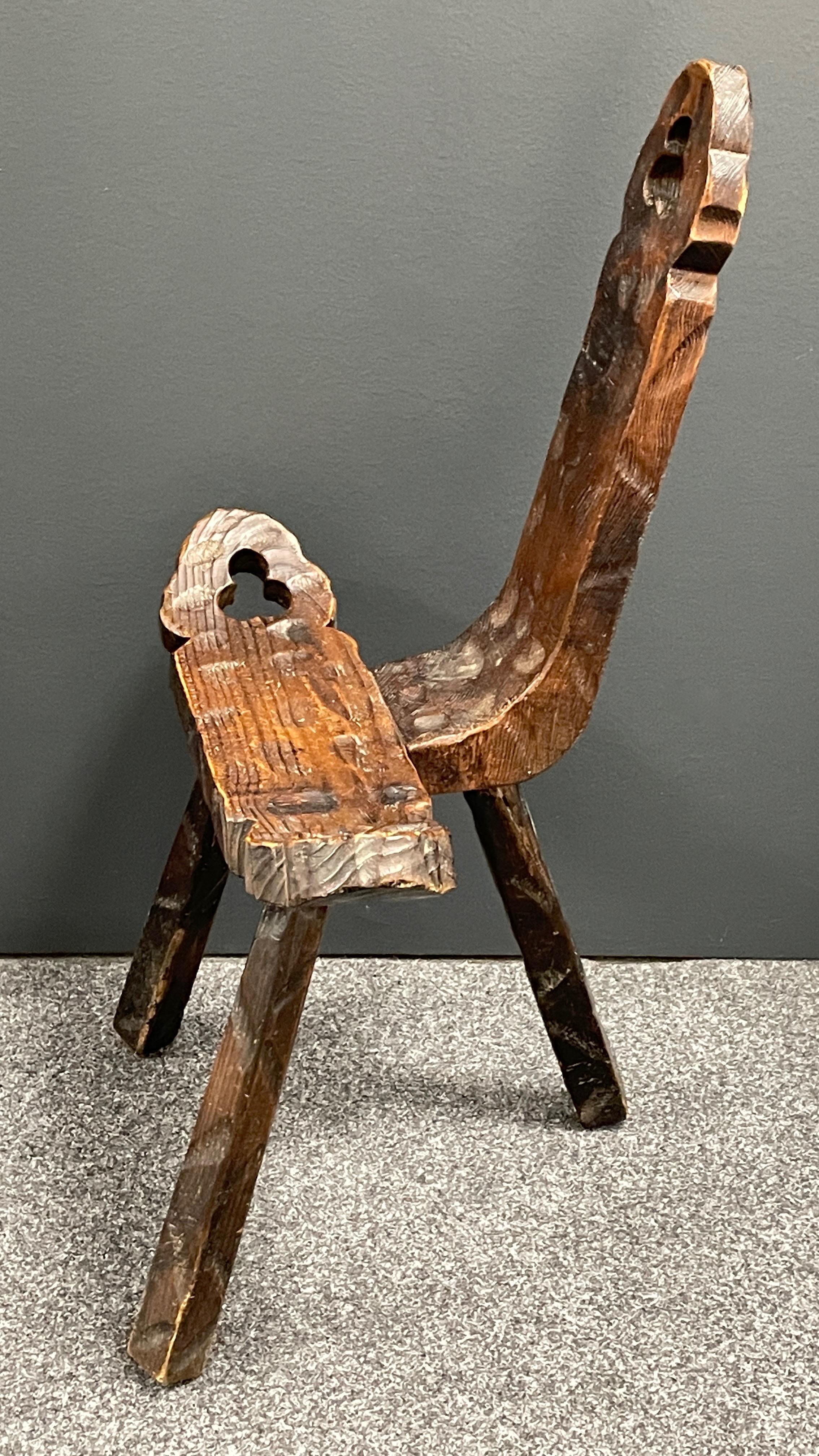 Folk Art Mid-Century Modern Brutalist Sculptural Wood Tripod Chair, Spain Vintage 1970s