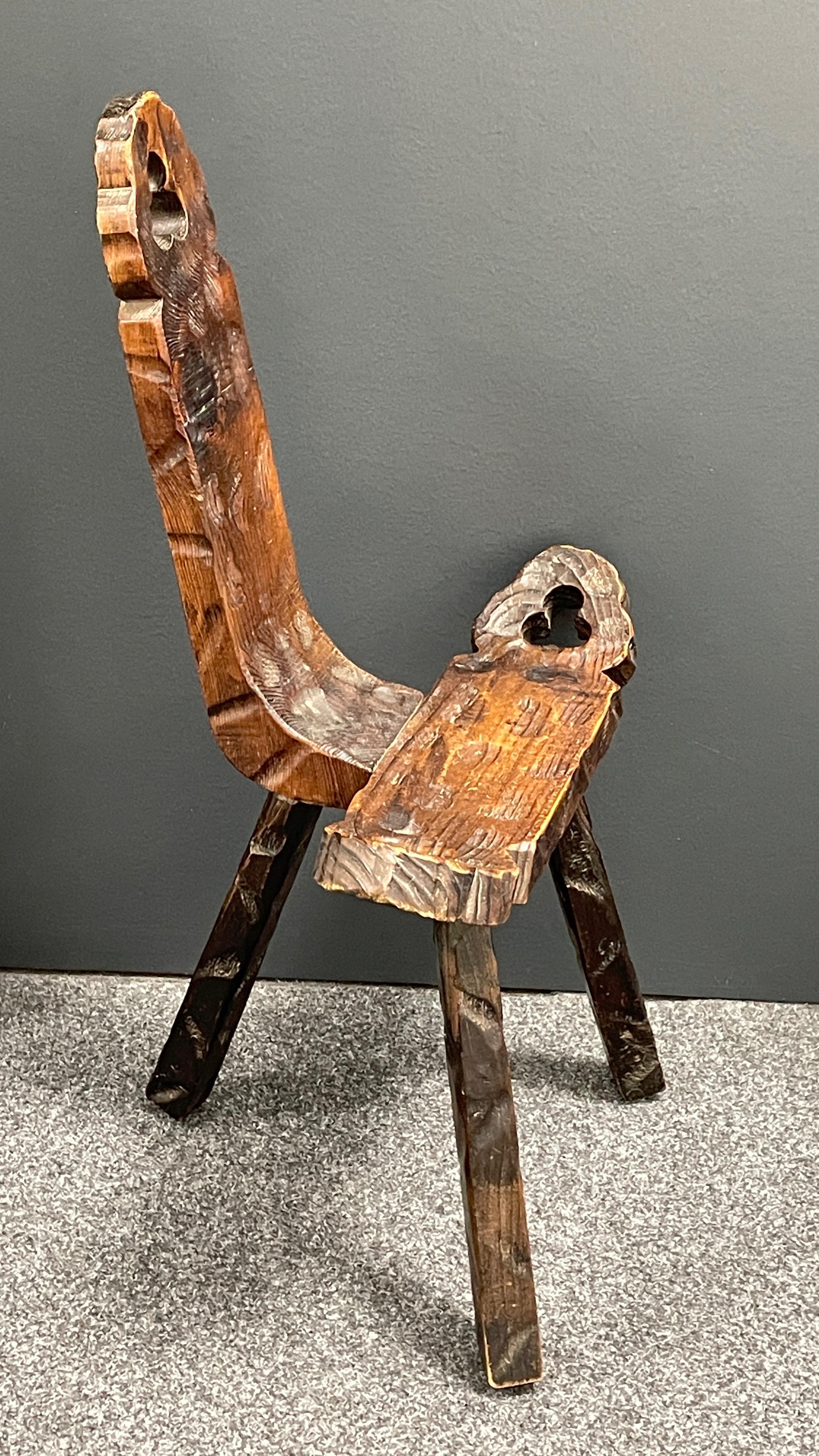 Swedish Mid-Century Modern Brutalist Sculptural Wood Tripod Chair, Spain Vintage 1970s