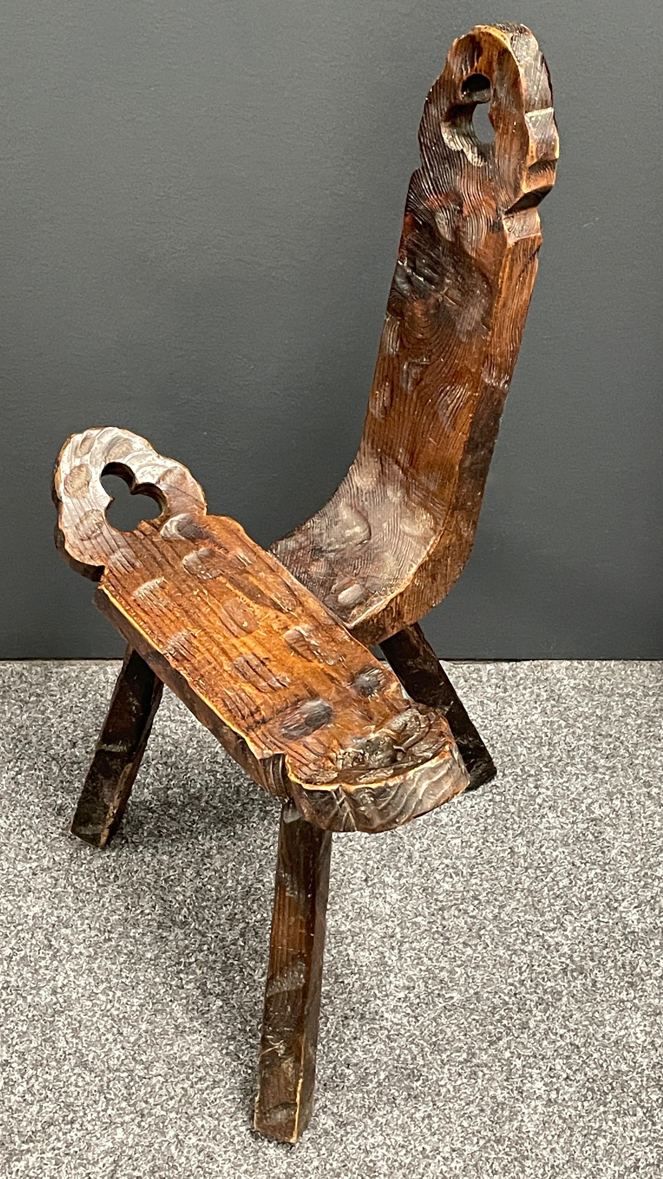 Mid-Century Modern Brutalist Sculptural Wood Tripod Chair, Spain Vintage 1970s 1