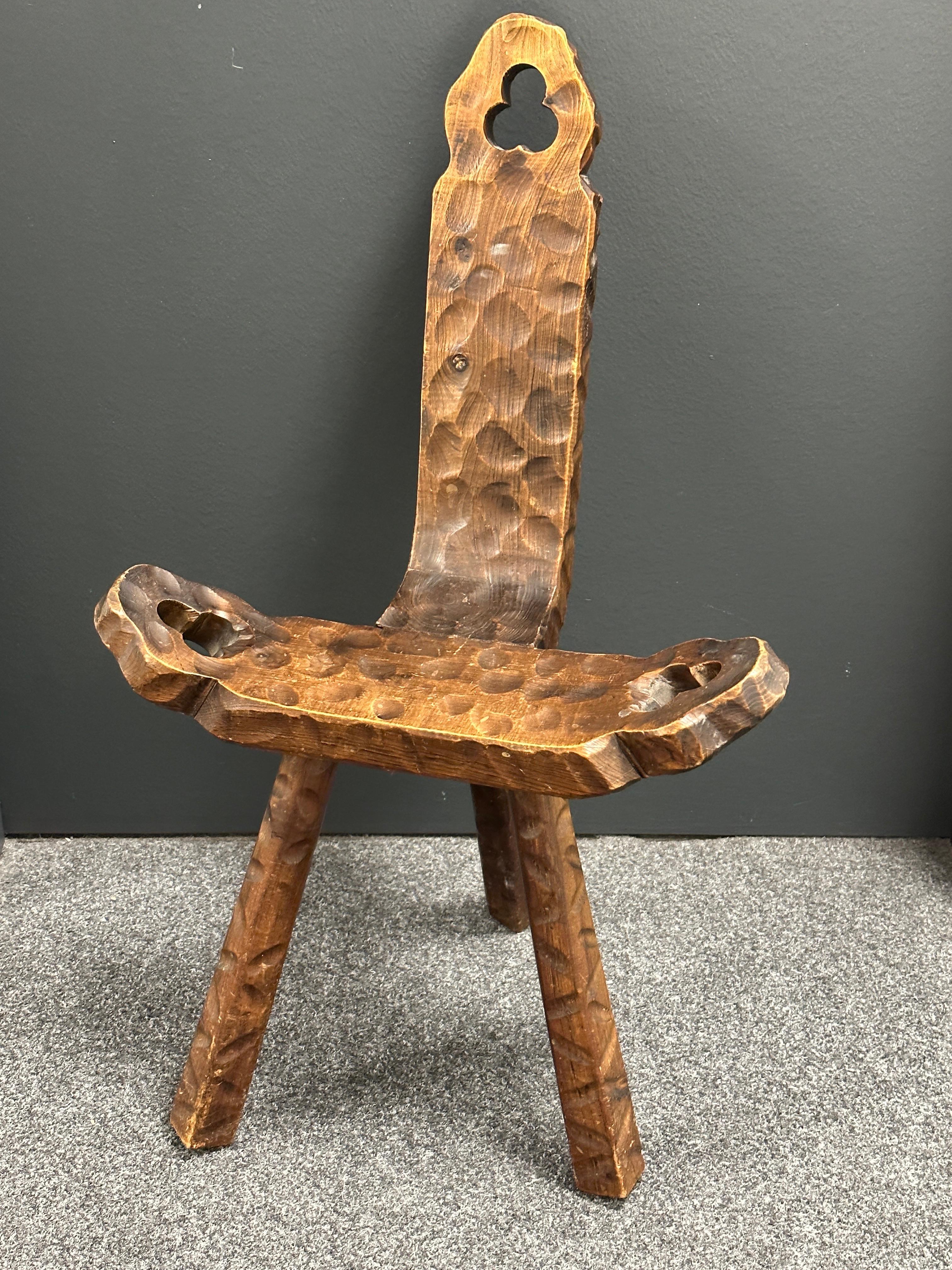Hand-Crafted Mid-Century Modern Brutalist Sculptural Wood Tripod Chair, Spain Vintage 1970s For Sale