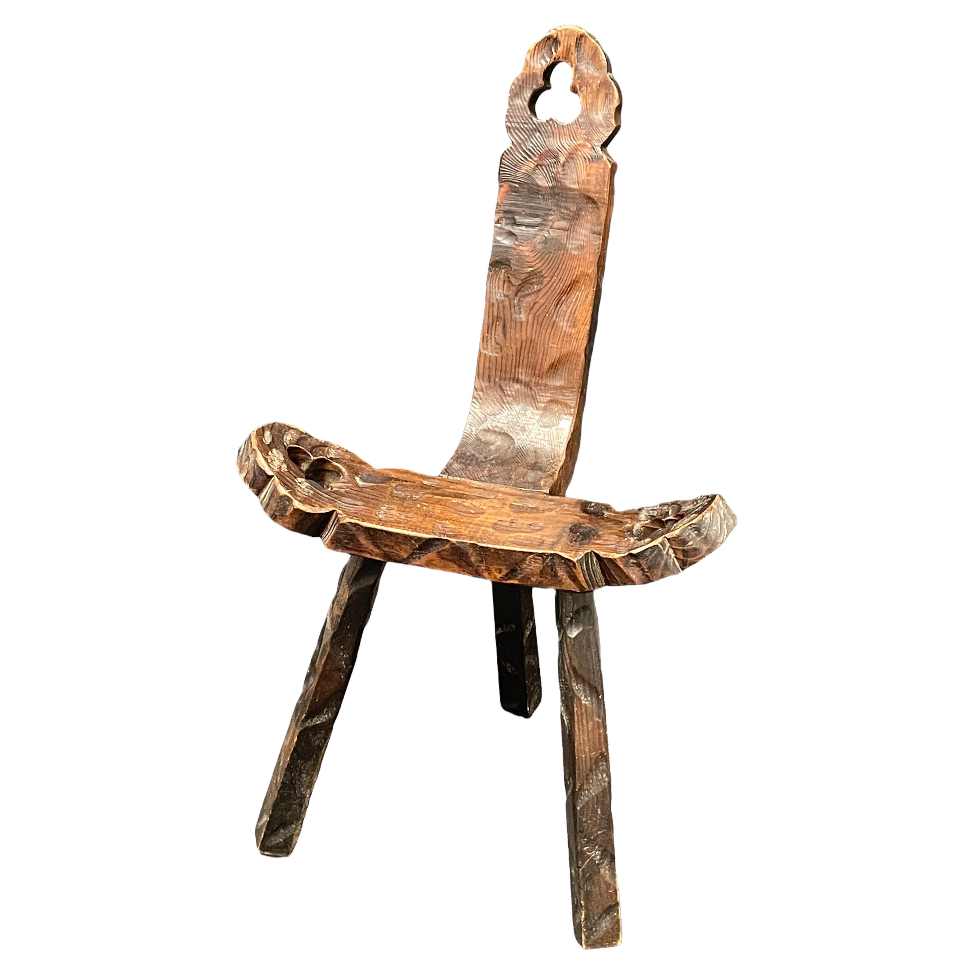 Mid-Century Modern Brutalist Sculptural Wood Tripod Chair, Spain Vintage 1970s