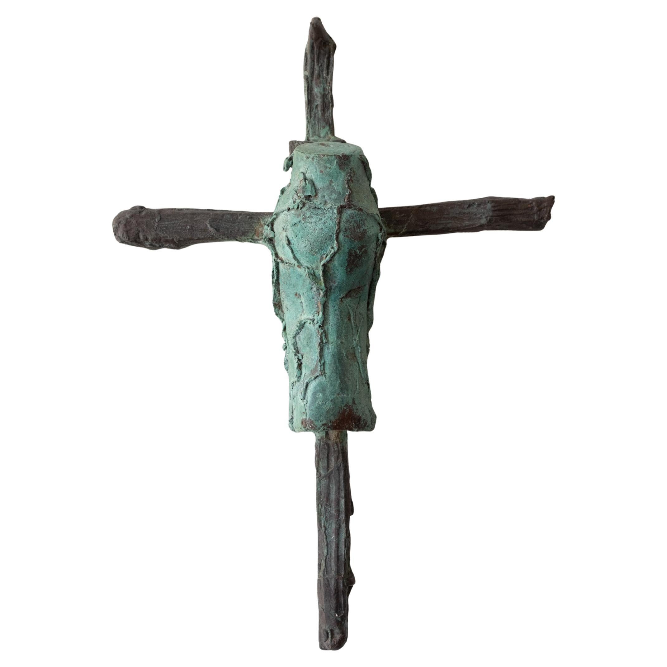 Mid Century Modern Brutalist Solid Bronze Crucifix Sculpture 1960s For Sale