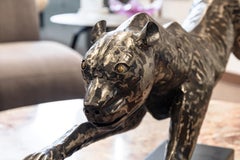 Mid Century Modern Brutalist Sprinting Black Metal Cheetah Sculpture On Base