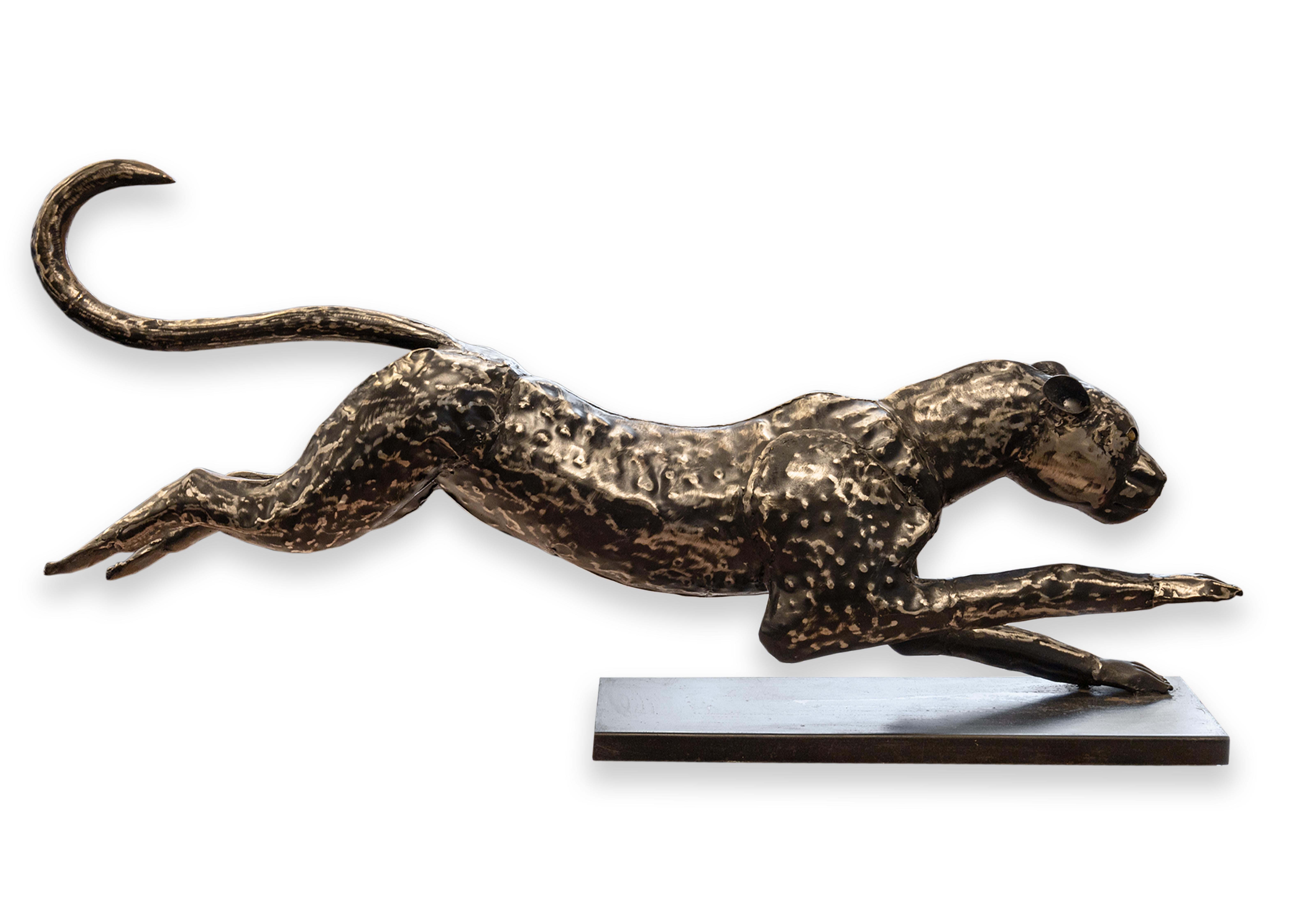 Mid Century Modern Brutalist Sprinting Black Metal Cheetah Sculpture On Base For Sale 4